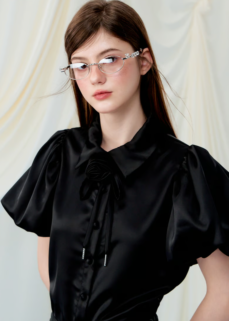 Rose choker satin puff blouse