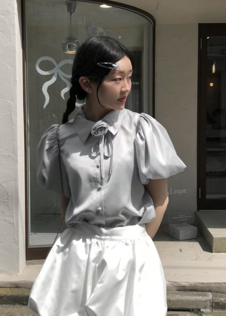 Rose choker satin puff blouse