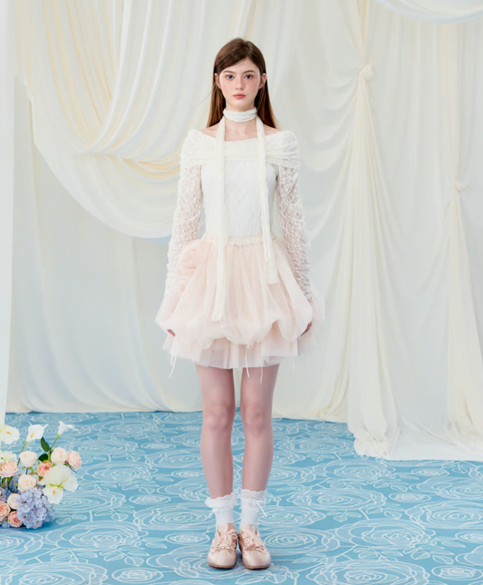 【Delivery within 2 weeks】Rose motif ribbon tulle skirt(mini)
