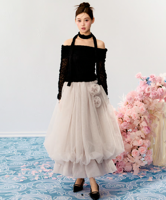 【Delivery within 2 weeks】Rose motif ribbon tulle skirt(long)