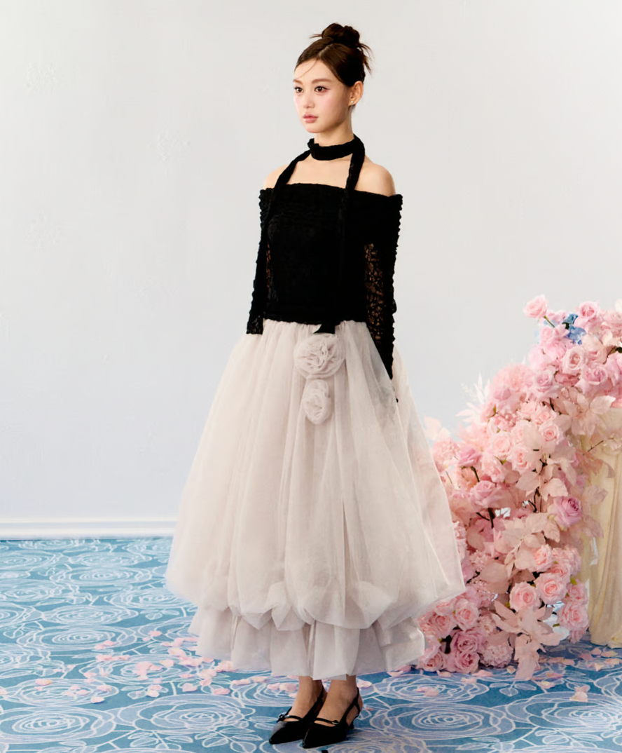 【Delivery within 2 weeks】Rose motif ribbon tulle skirt(long)