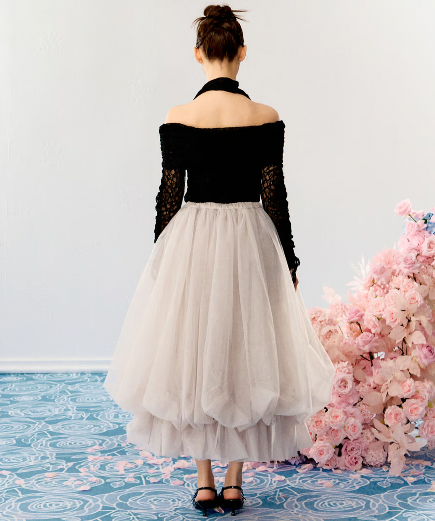 【Delivery within 2 weeks】Rose motif ribbon tulle skirt(long)