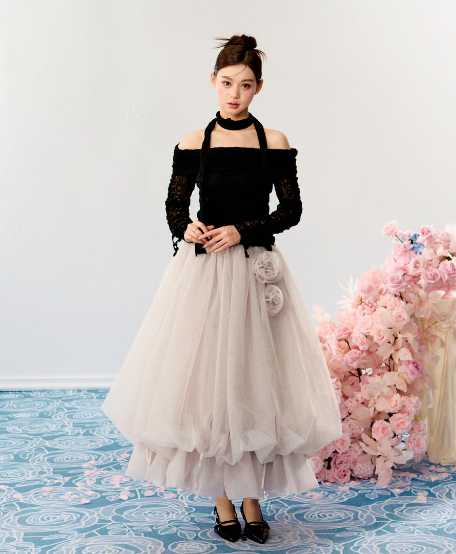 【Delivery within 2 weeks】Rose motif ribbon tulle skirt(long)