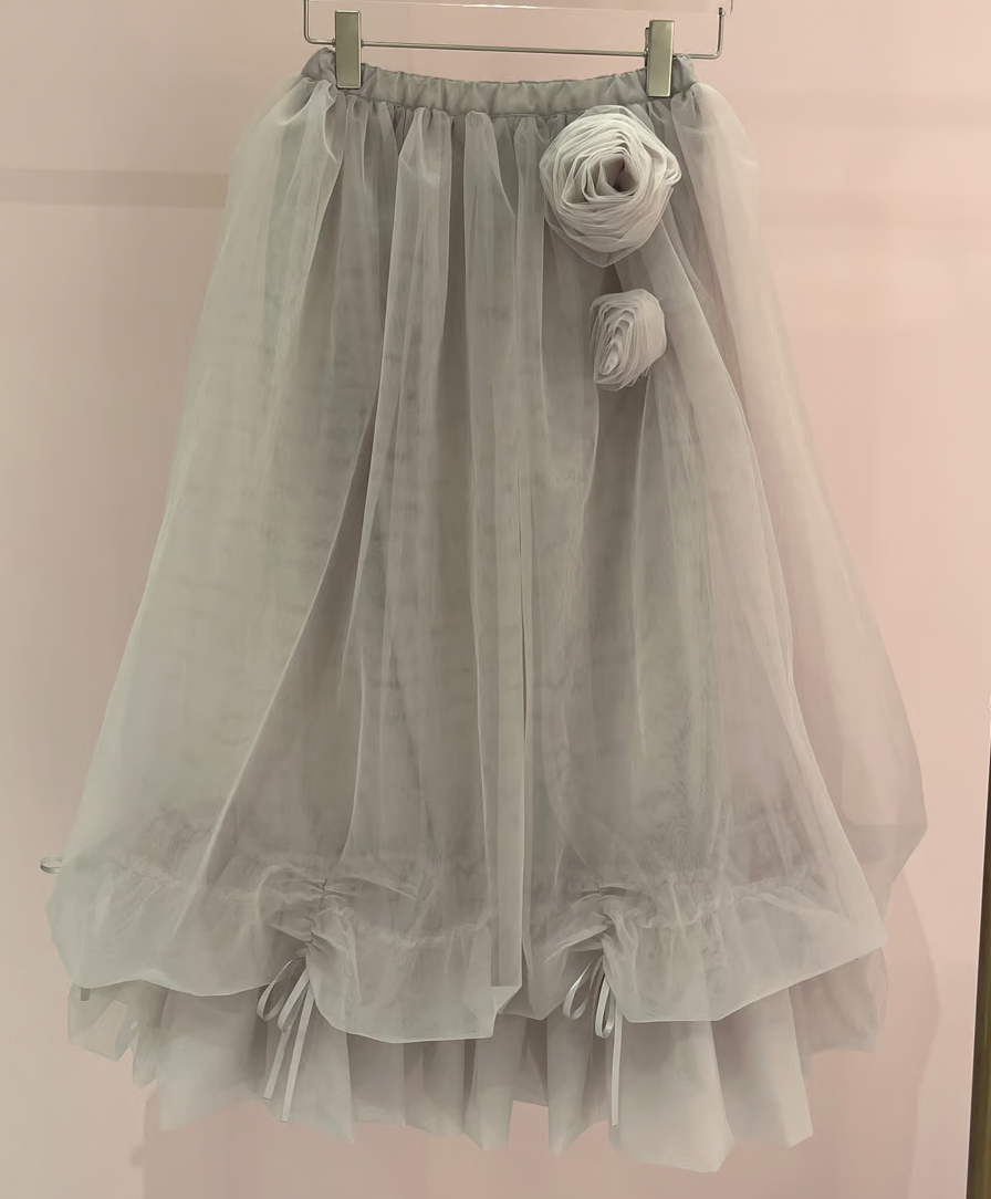 【Delivery within 2 weeks】Rose motif ribbon tulle skirt(long)