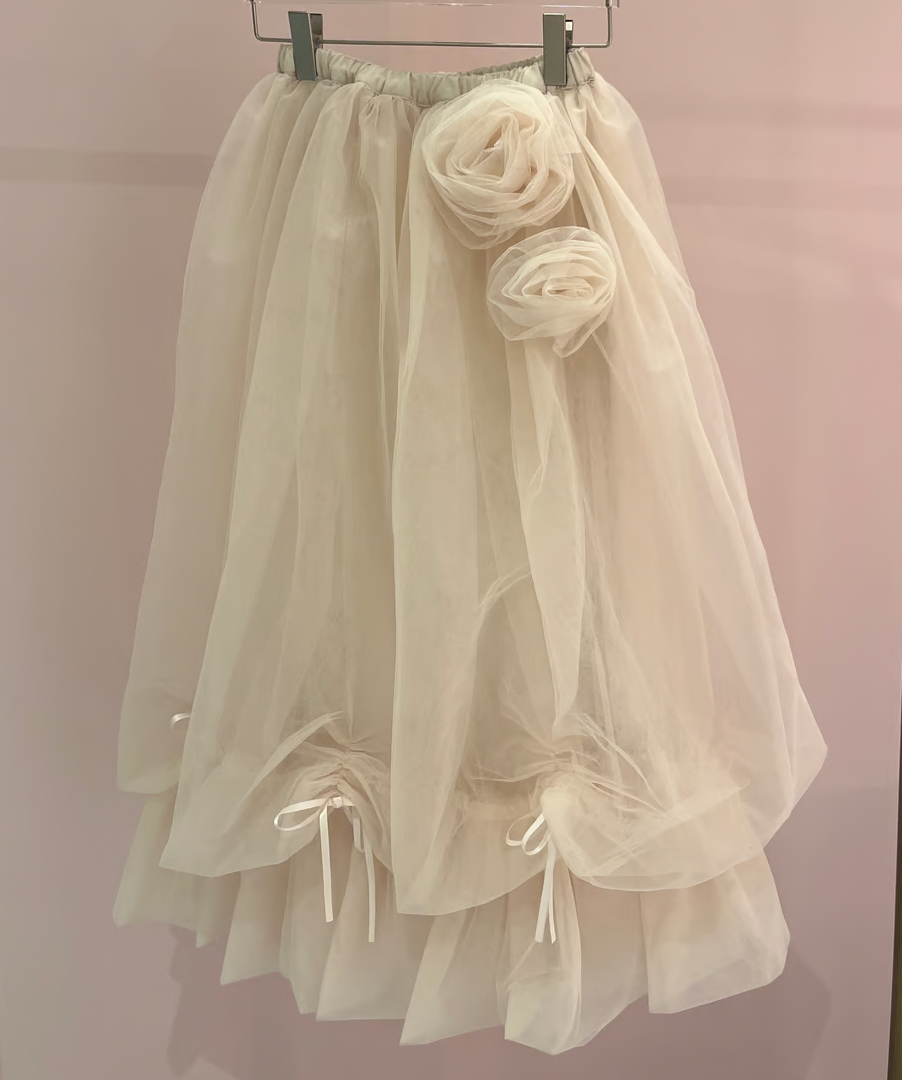 【Delivery within 2 weeks】Rose motif ribbon tulle skirt(long)