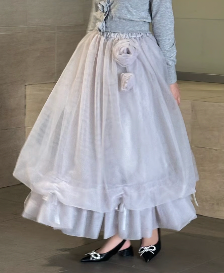 【Delivery within 2 weeks】Rose motif ribbon tulle skirt(long)