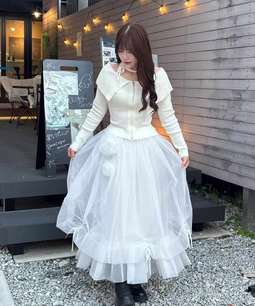 【Delivery within 2 weeks】Rose motif ribbon tulle skirt(long)