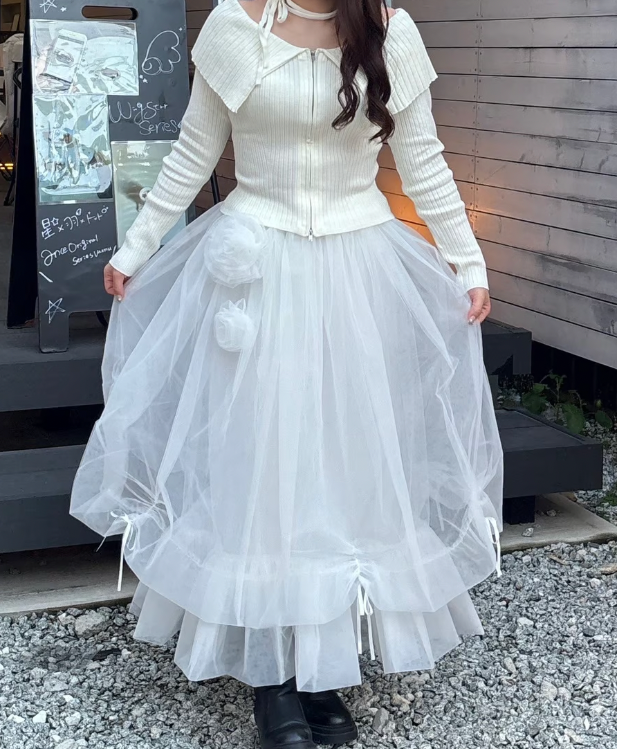 【Delivery within 2 weeks】Rose motif ribbon tulle skirt(long)