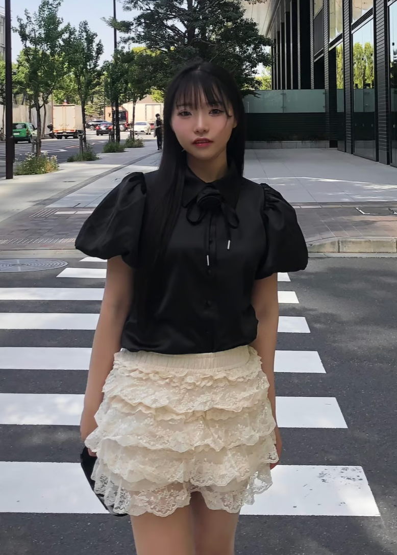 Rose choker satin puff blouse