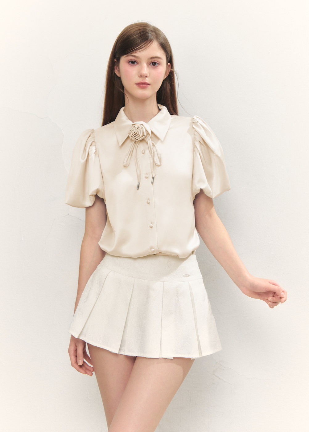 Rose choker satin puff blouse(pink)