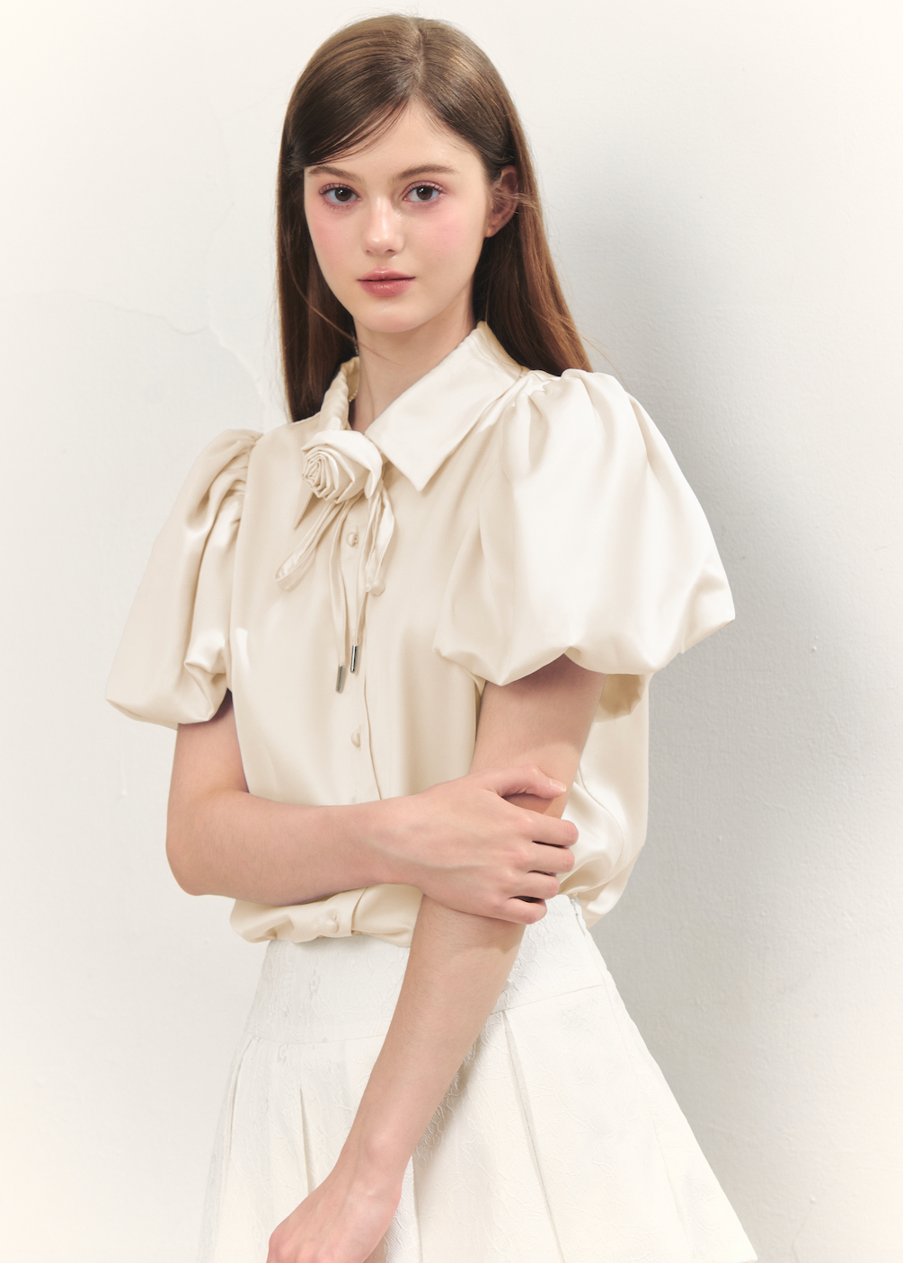 Rose choker satin puff blouse(pink)