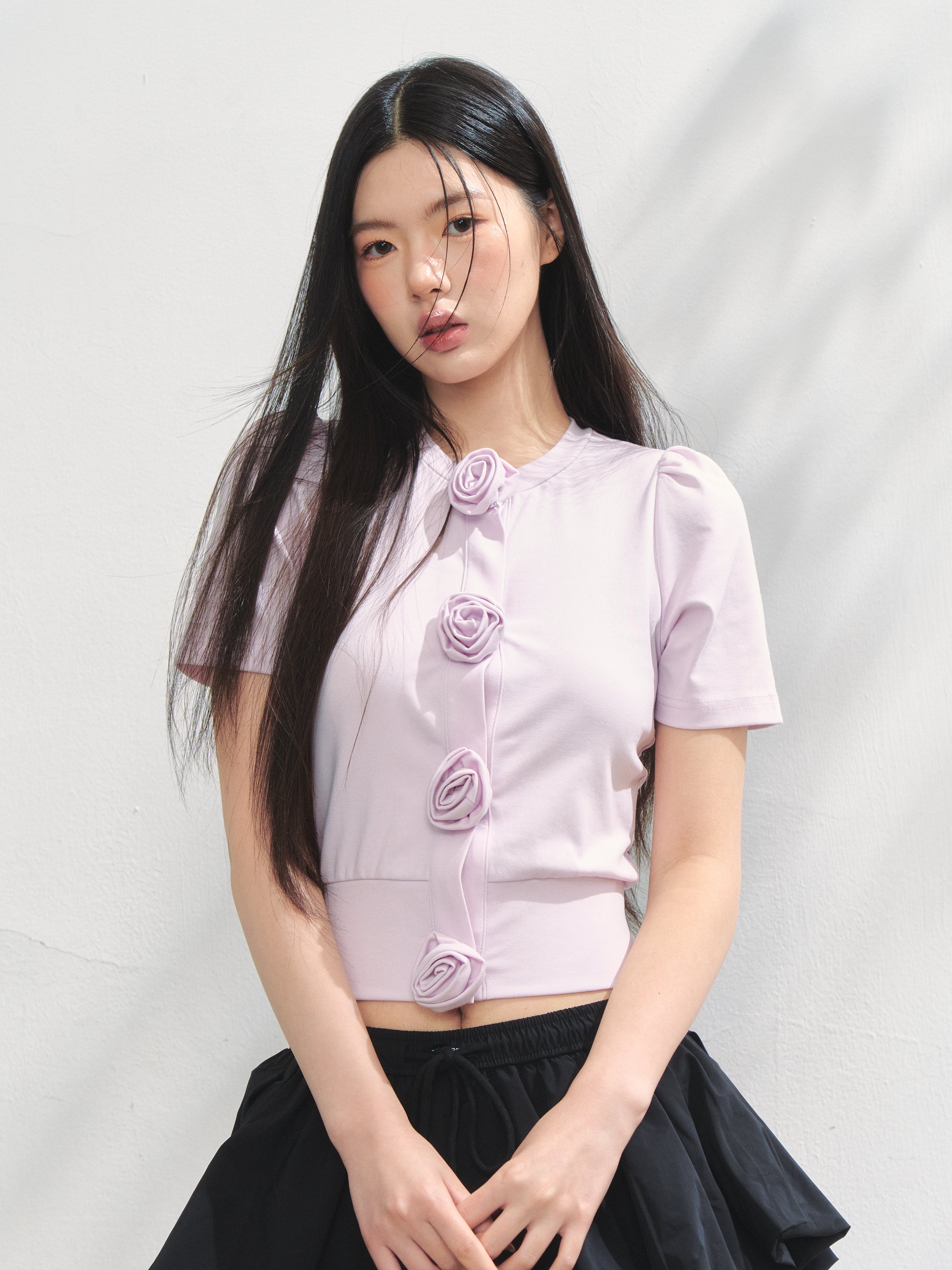 Rose flower motif short sleeve cardigan