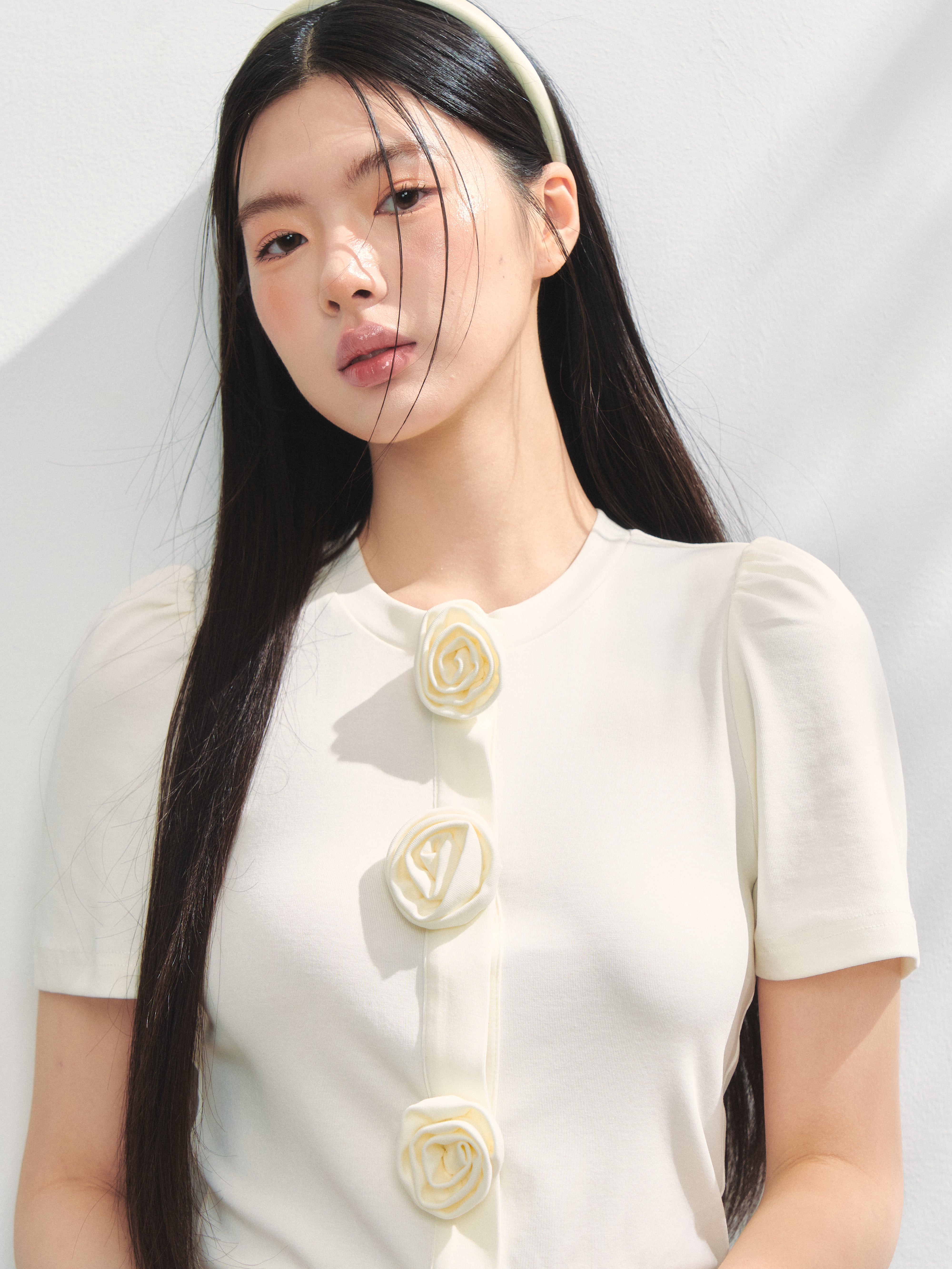 Rose flower motif short sleeve cardigan