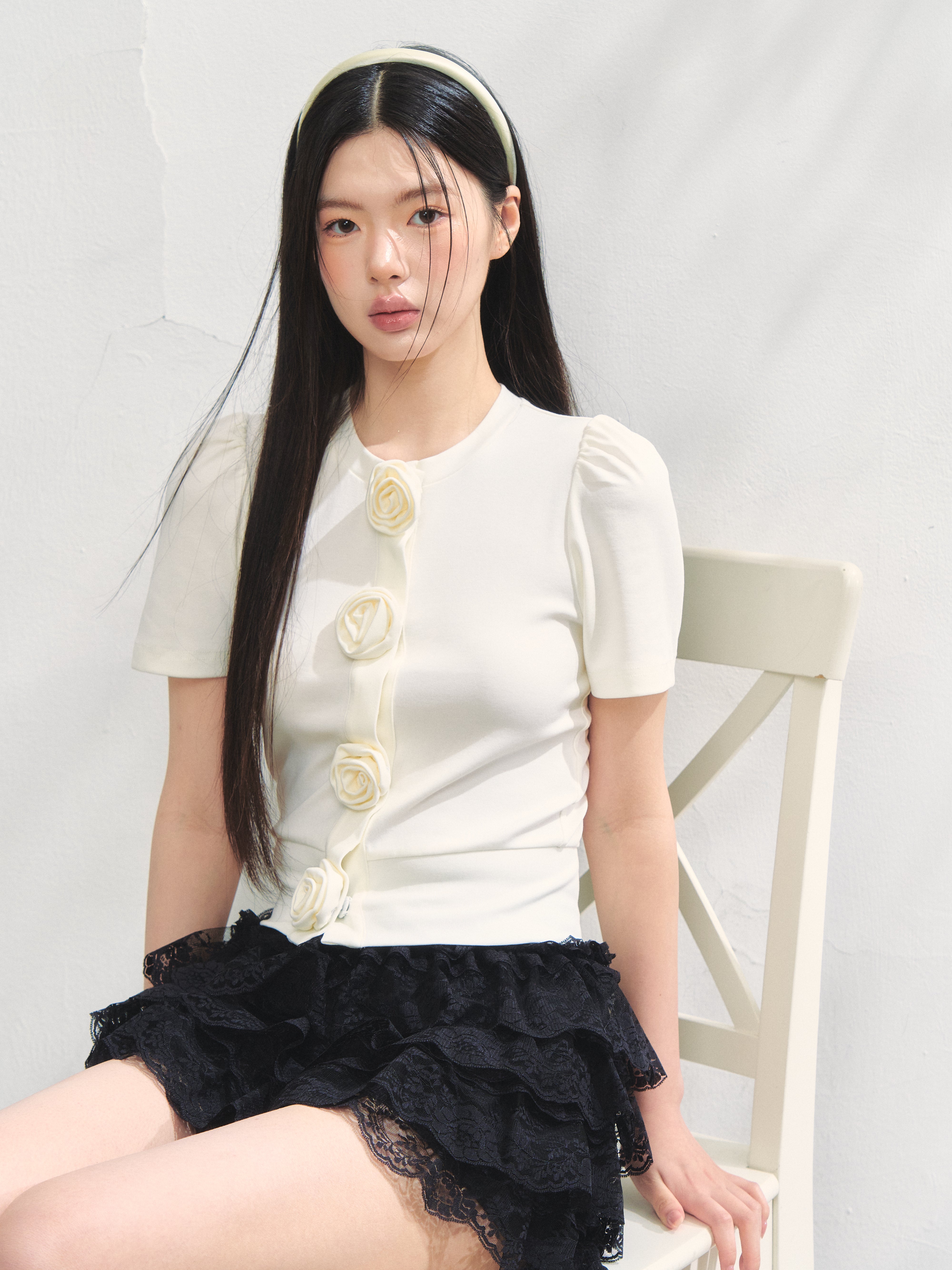 Rose flower motif short sleeve cardigan
