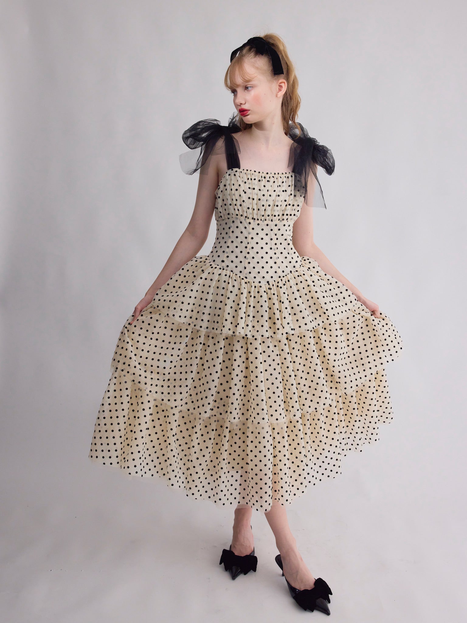 【11月中旬〜下旬配送】"Ballerina"ribbon tulle dot dress