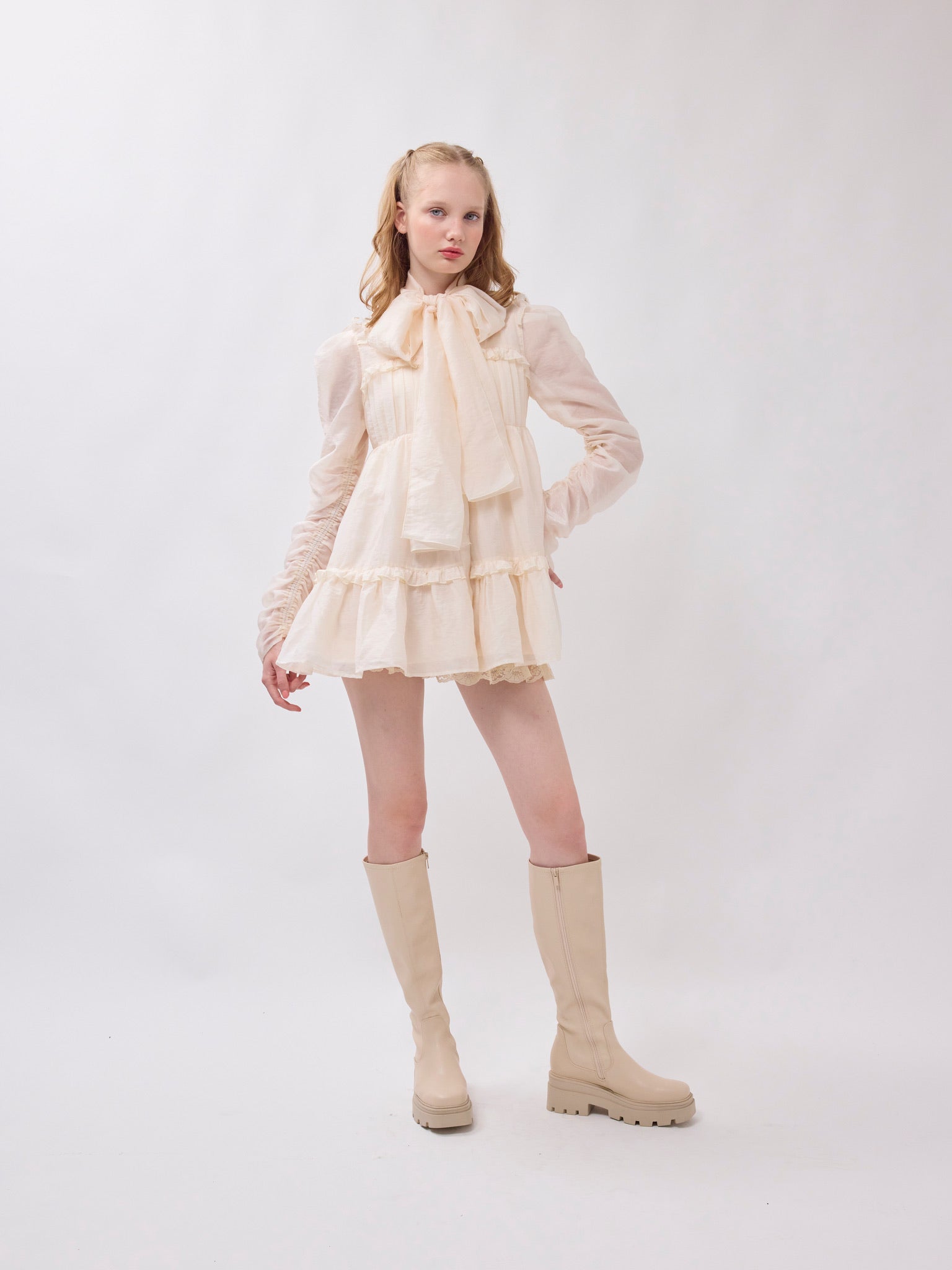 Sheer ribbon frill one-piece