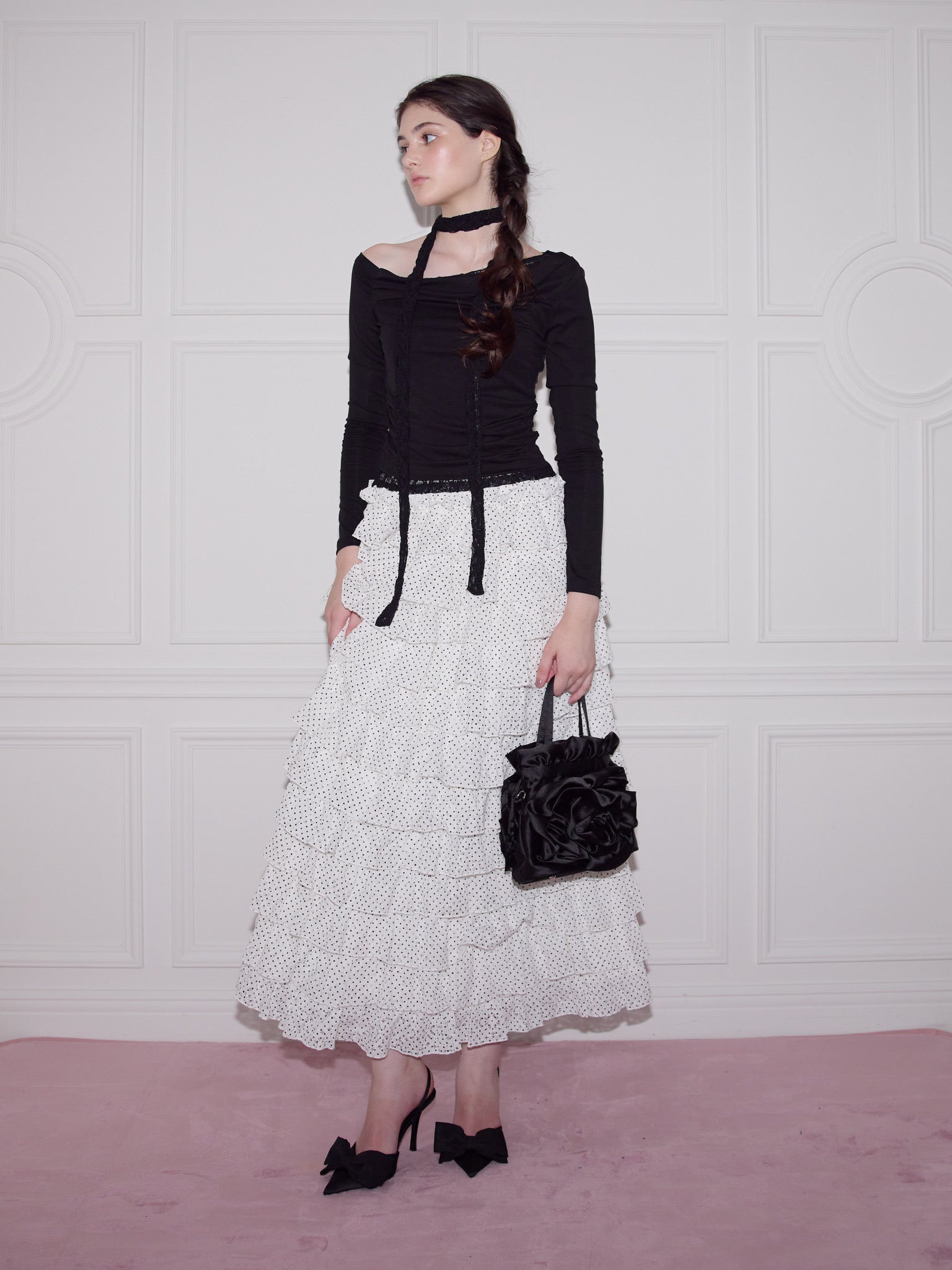 girly lace dot long skirt