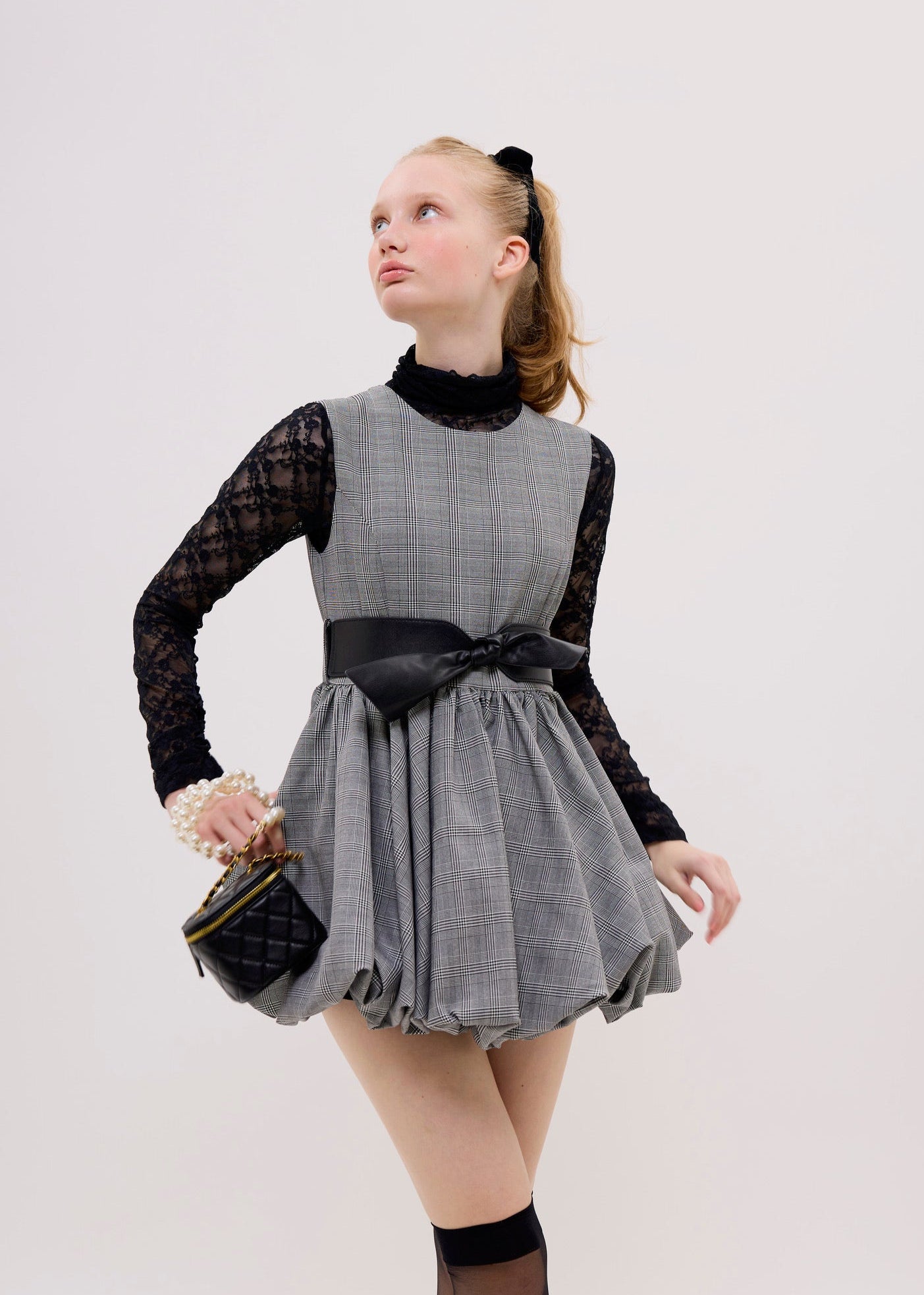 tartan check balloon one-piece