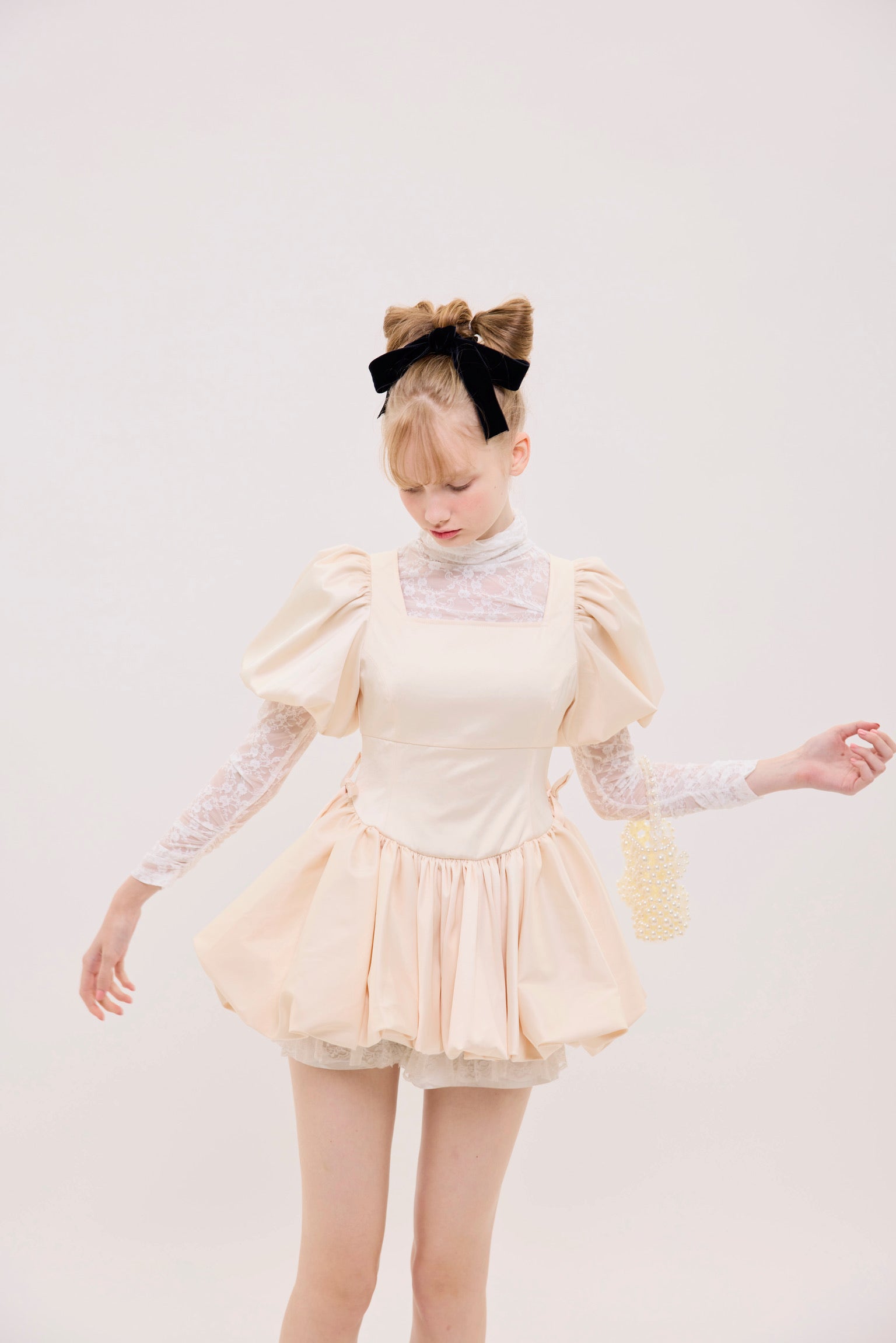 puff sleeve balloon mini one-piece(pink beige)