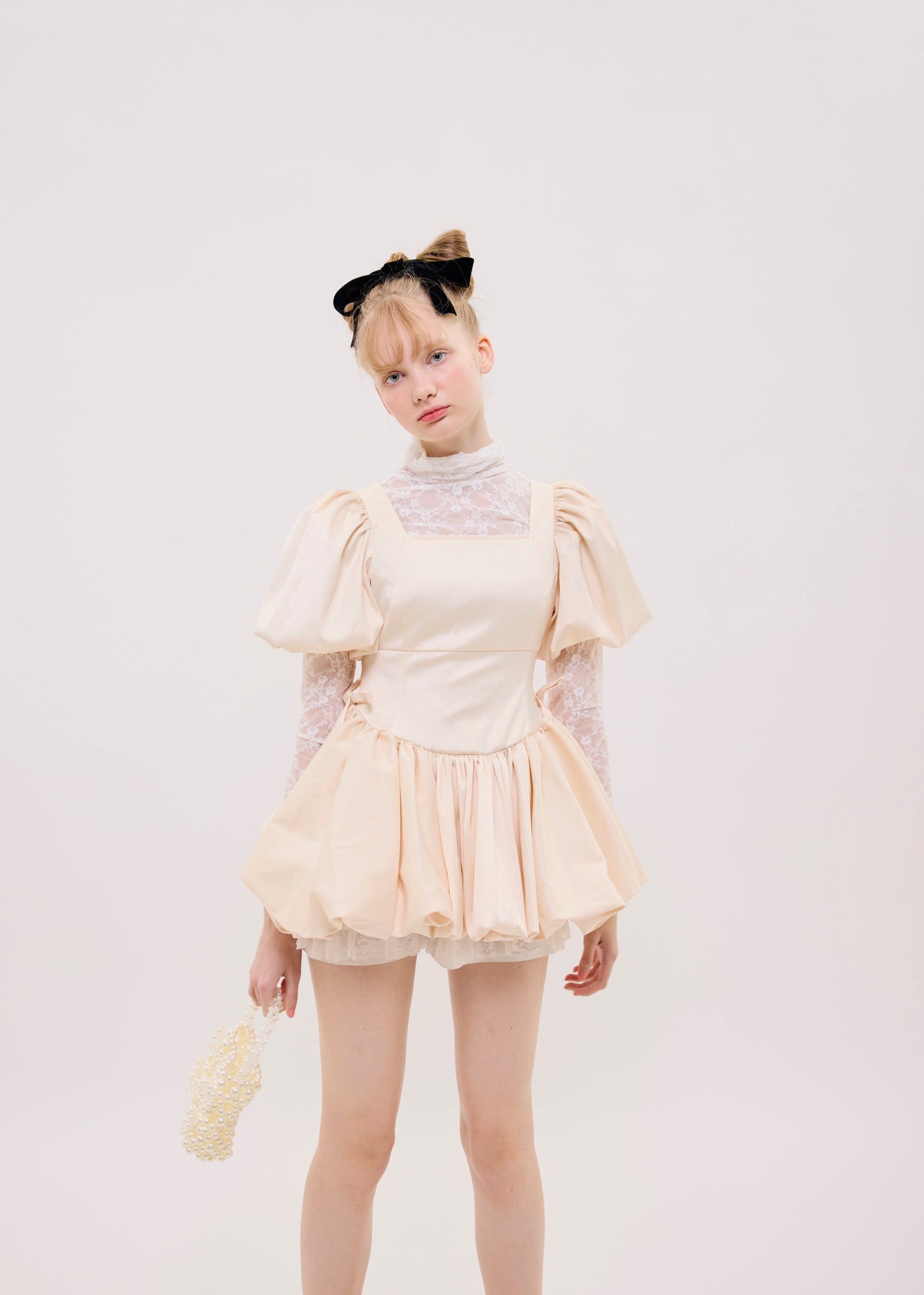 puff sleeve balloon mini one-piece(pink beige)