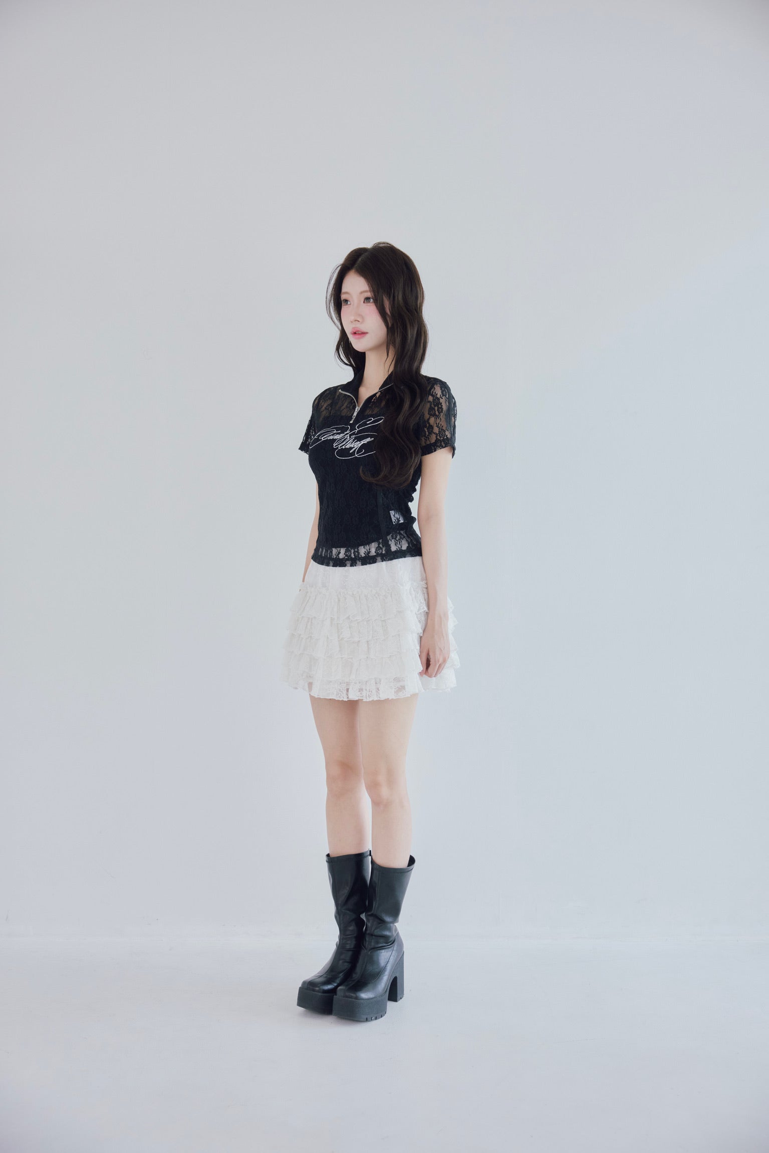 Logo lace half-zip tops