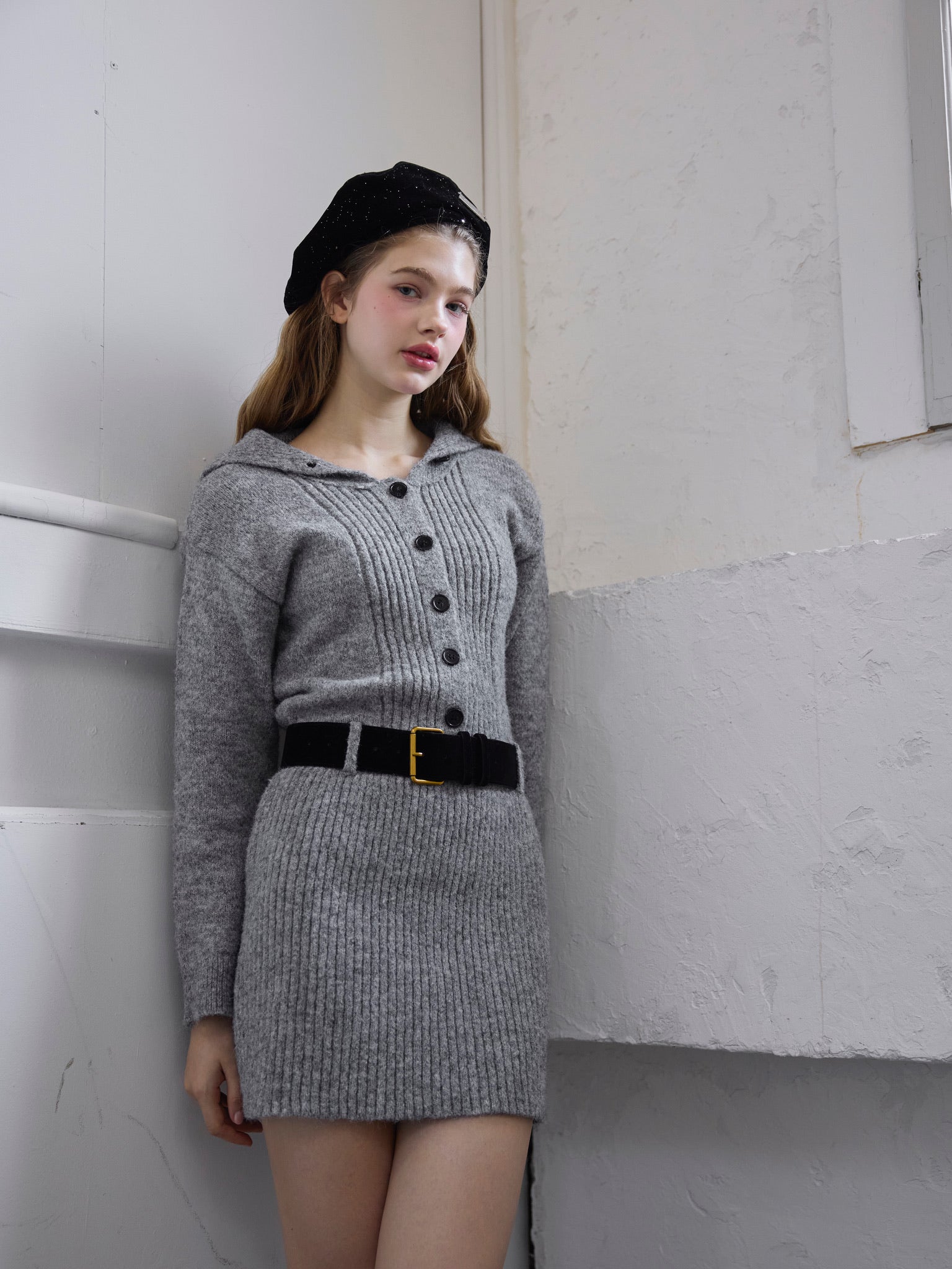 sailor collar knit one-piece (gray)