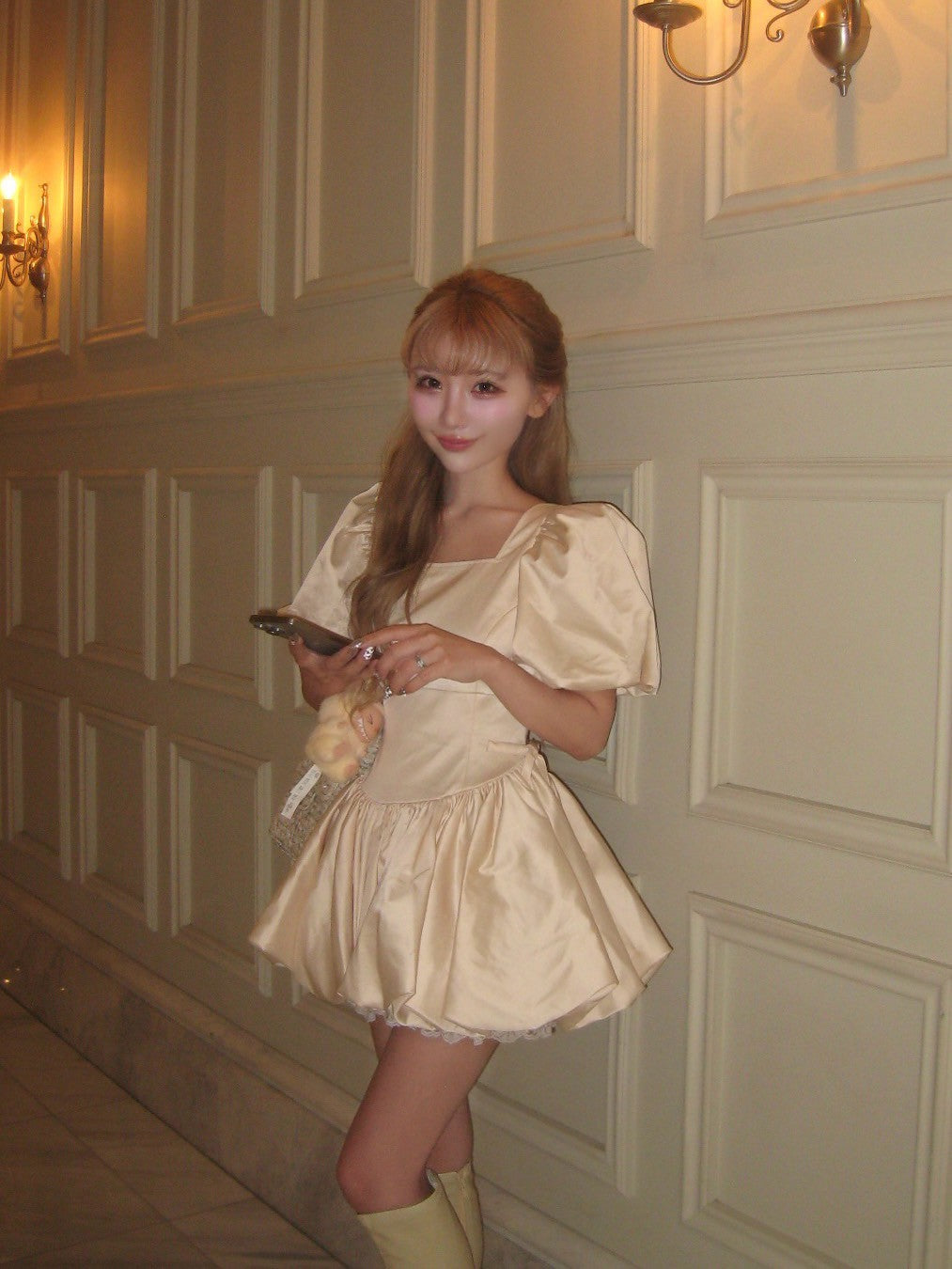 puff sleeve balloon mini one-piece(pink beige)