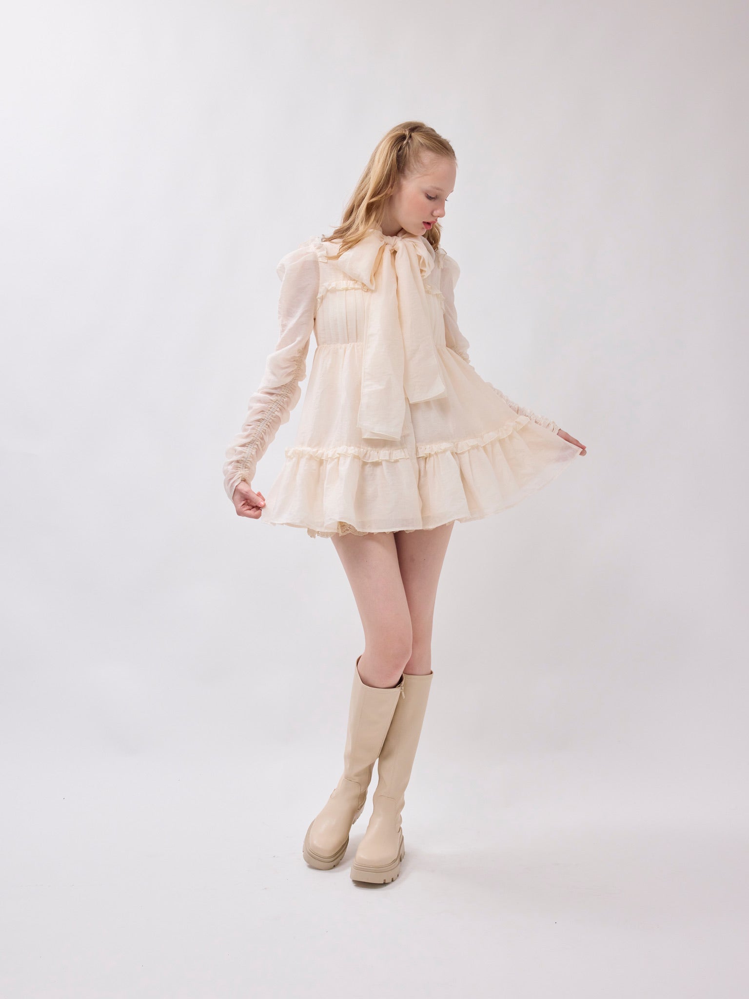 Sheer ribbon frill one-piece