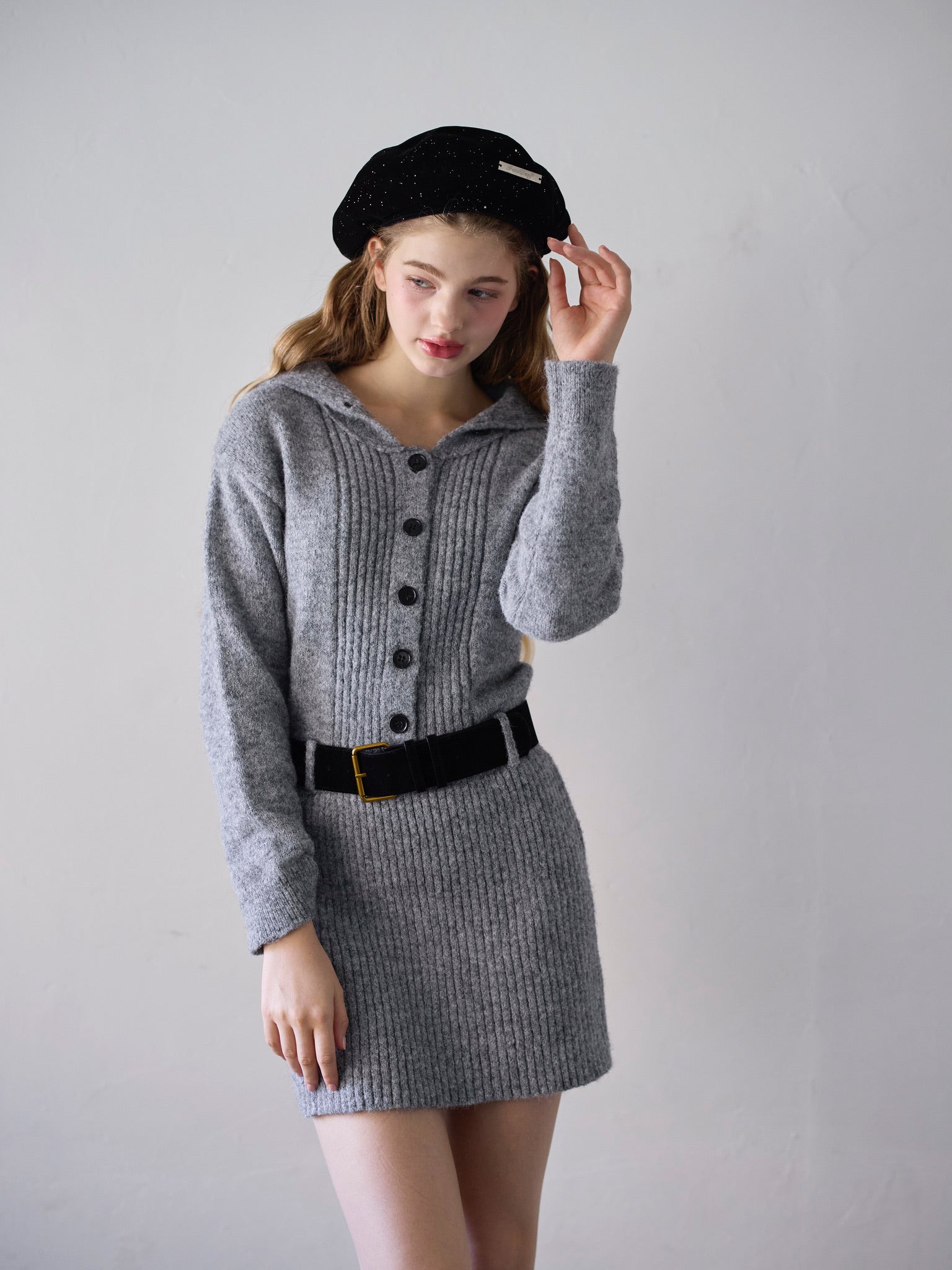 sailor collar knit one-piece (gray)