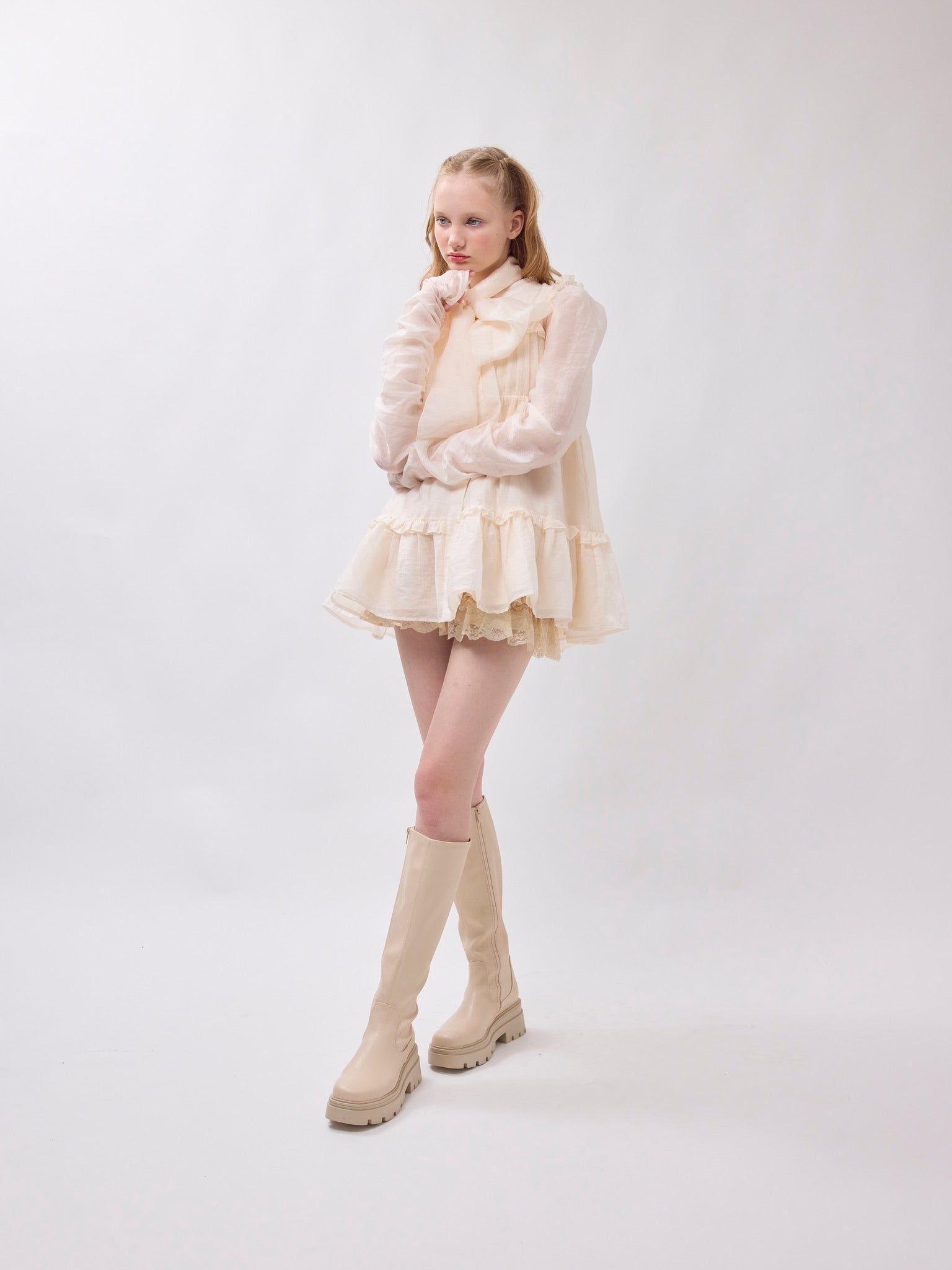 Sheer ribbon frill one-piece