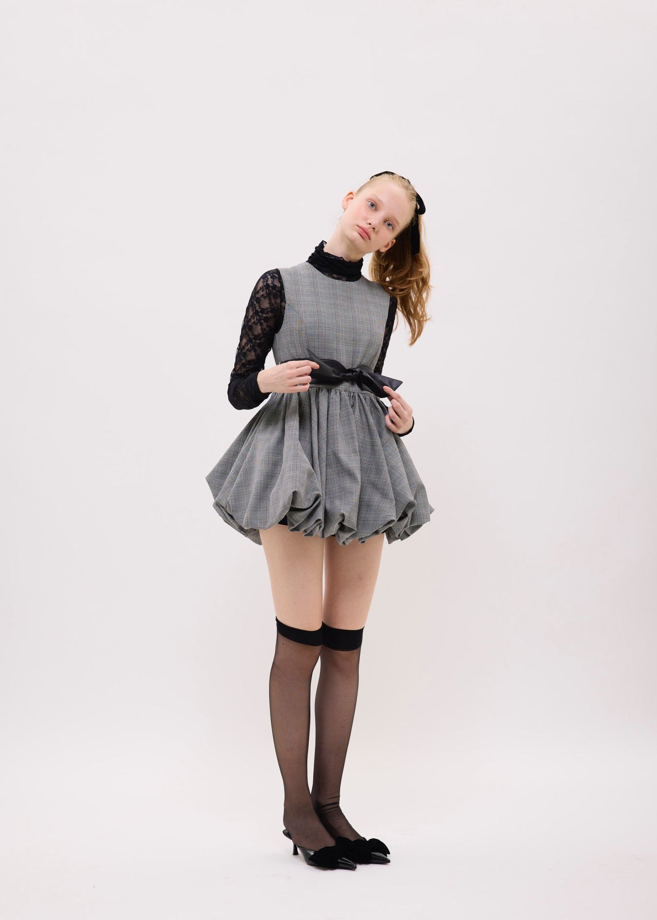 tartan check balloon one-piece