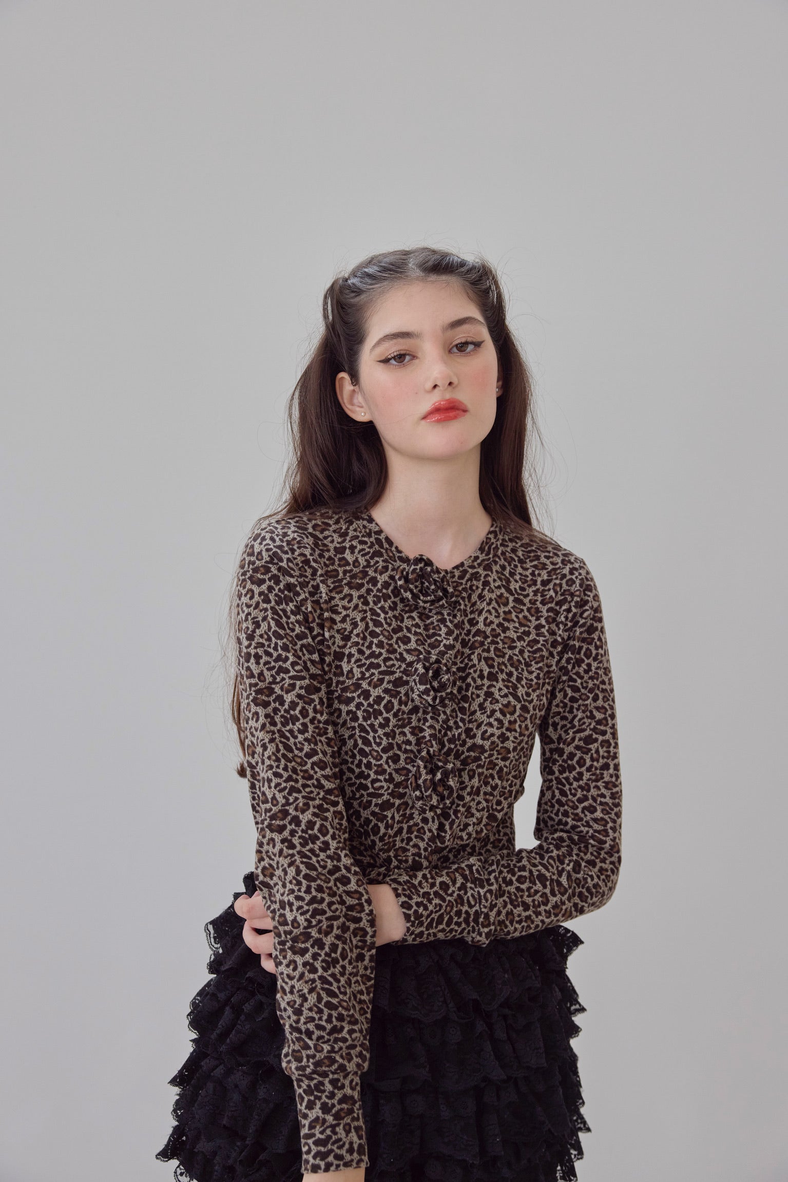 【10月上旬発送】Leopard Rose flower motif knit cardigan