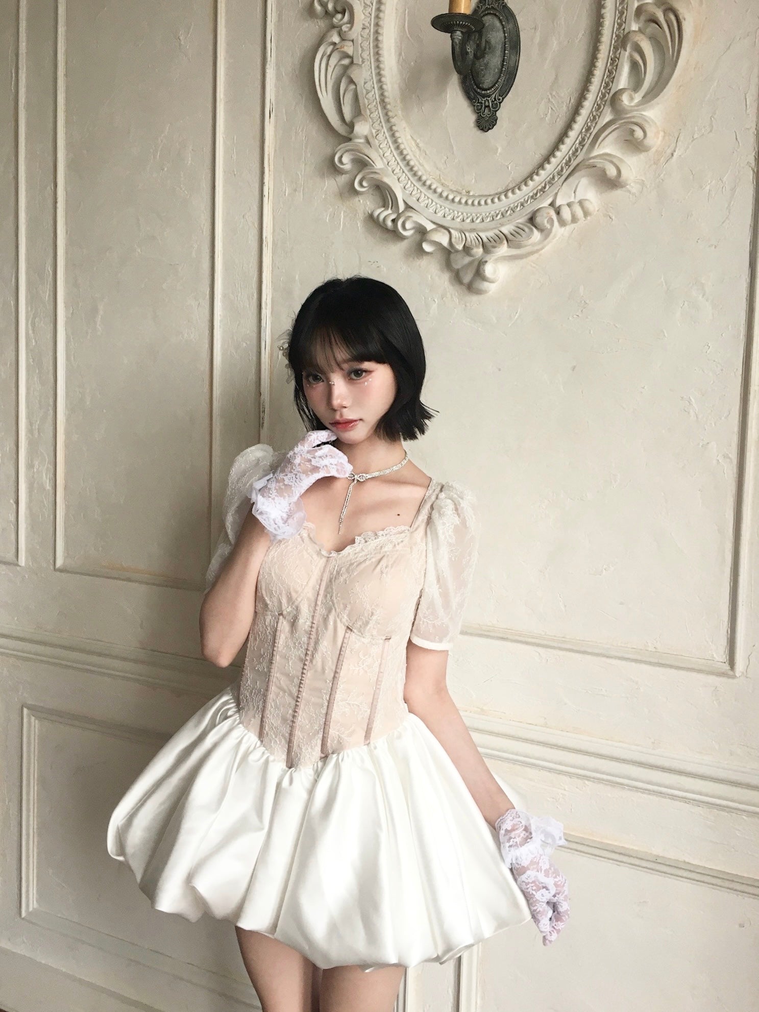 corset balloon lace satin dress(white)
