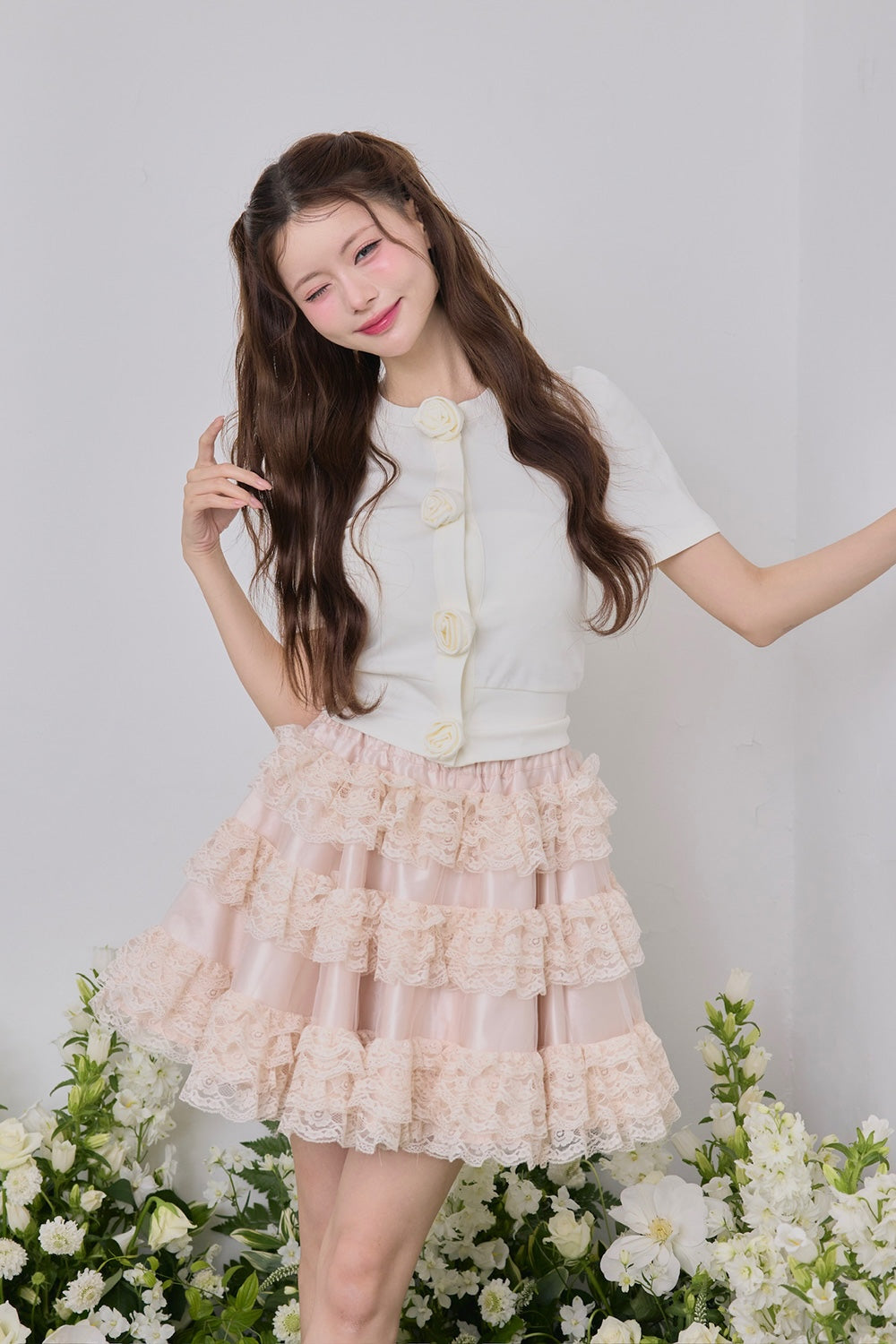 Rose flower motif short sleeve cardigan