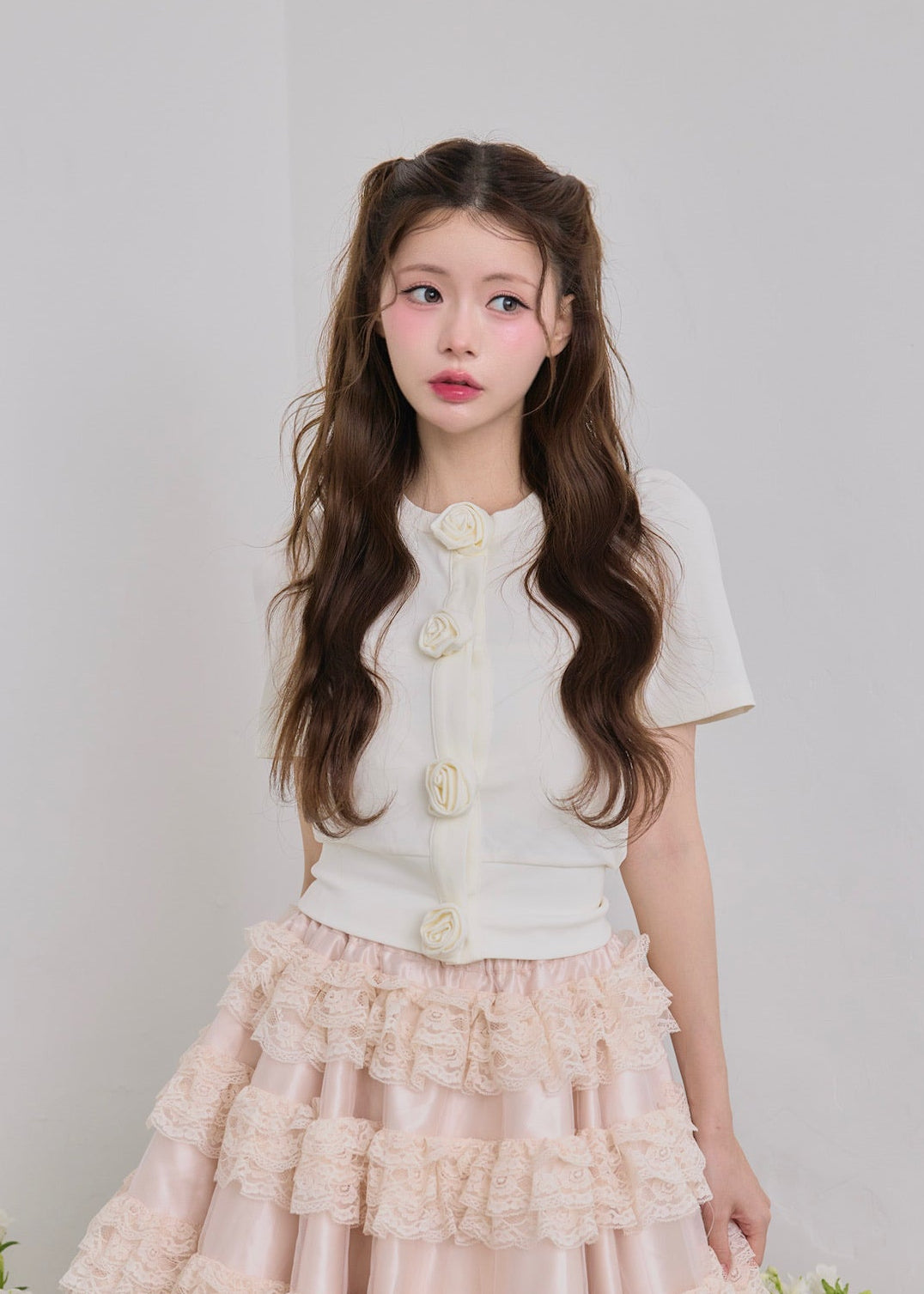 Rose flower motif short sleeve cardigan