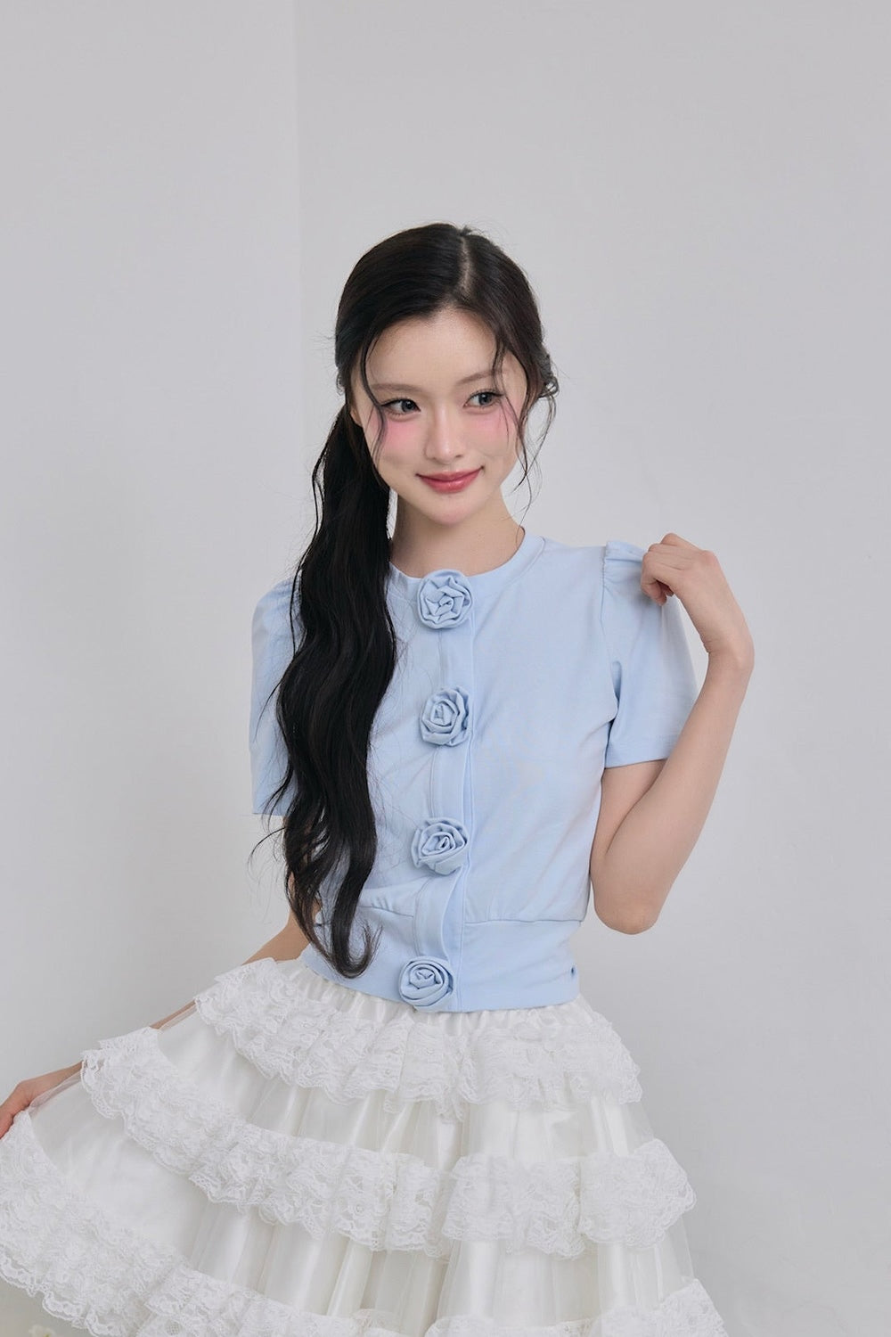 Rose flower motif short sleeve cardigan