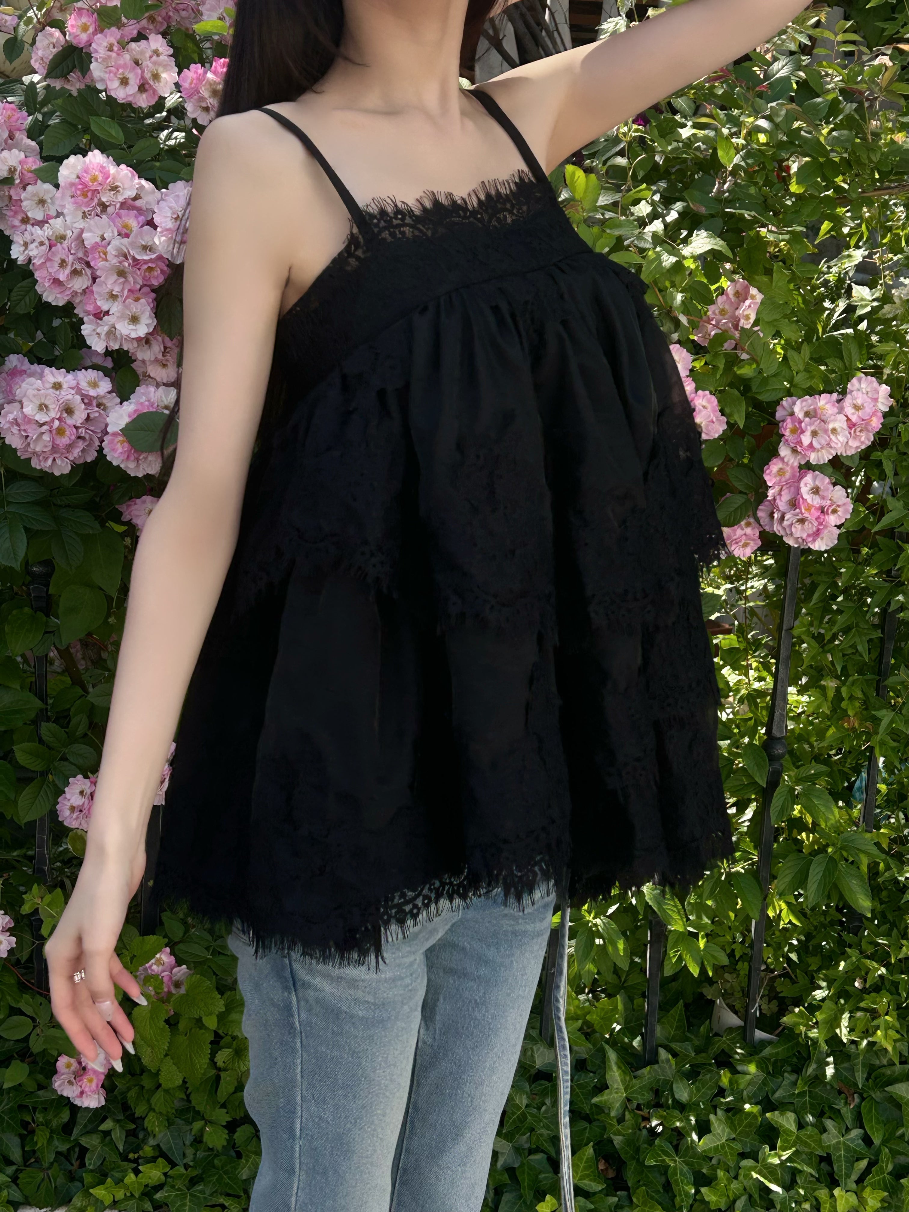 Volume lace sheer cami tops