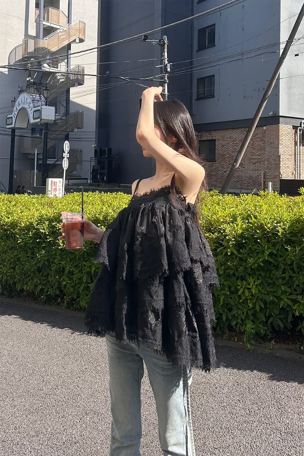 Volume lace sheer cami tops