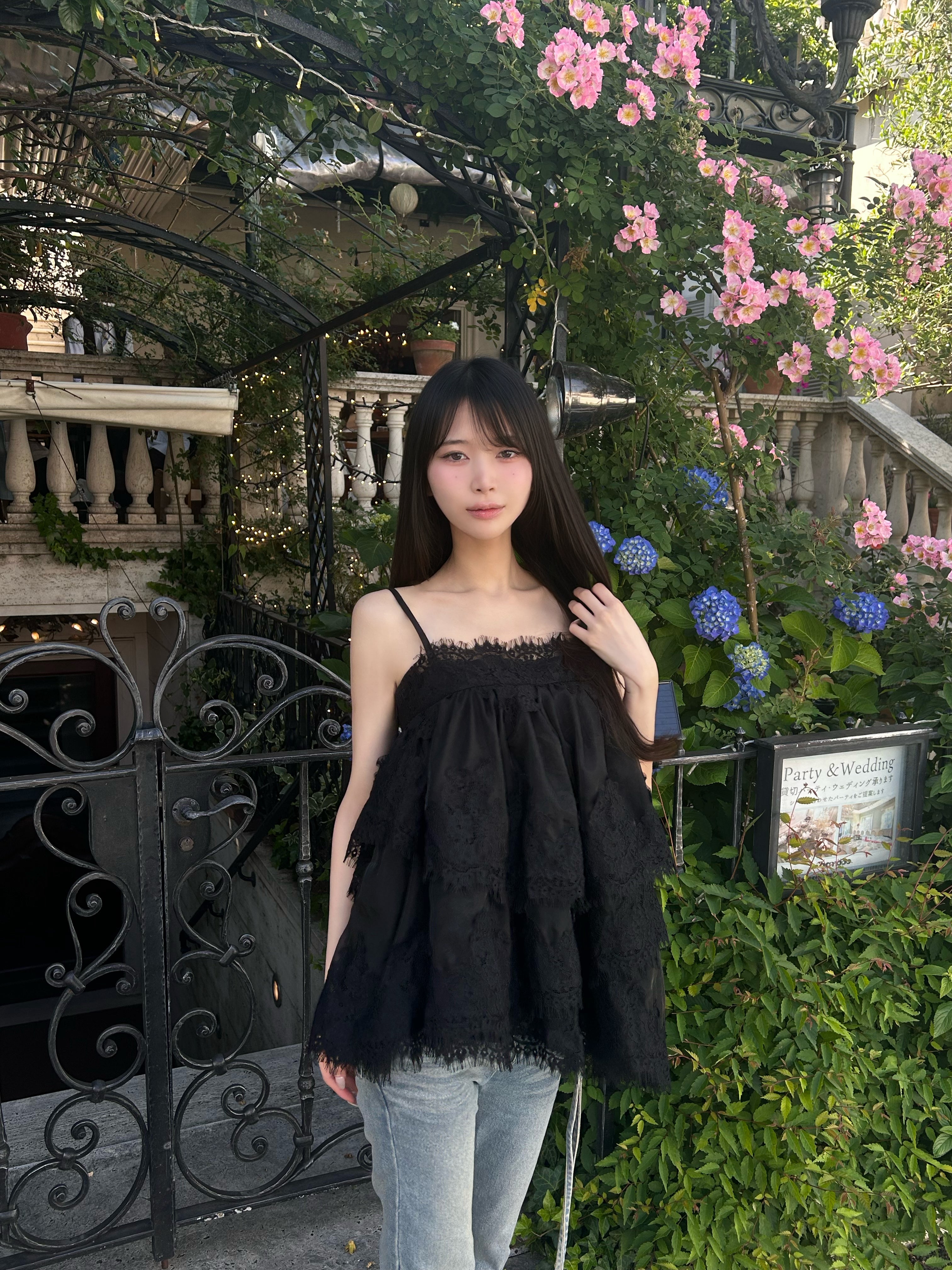 Volume lace sheer cami tops