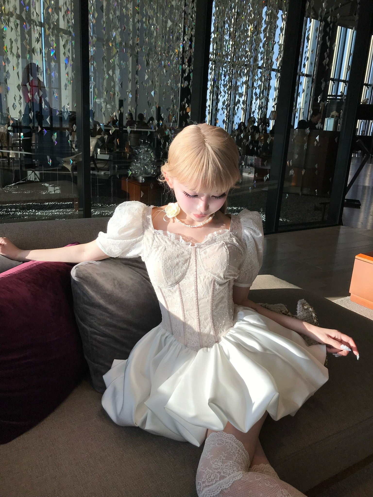 corset balloon lace satin dress(white)