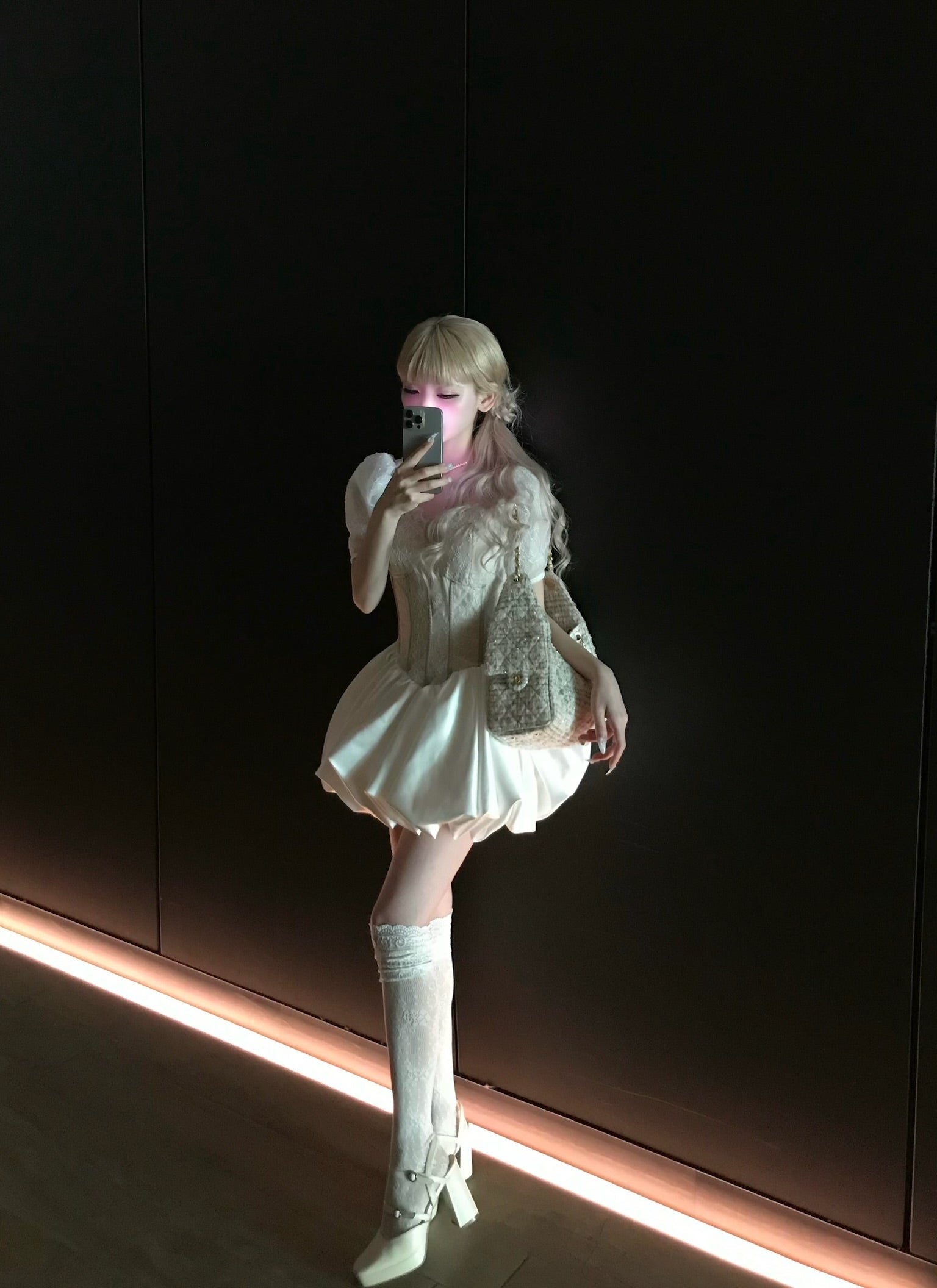 corset balloon lace satin dress(white)