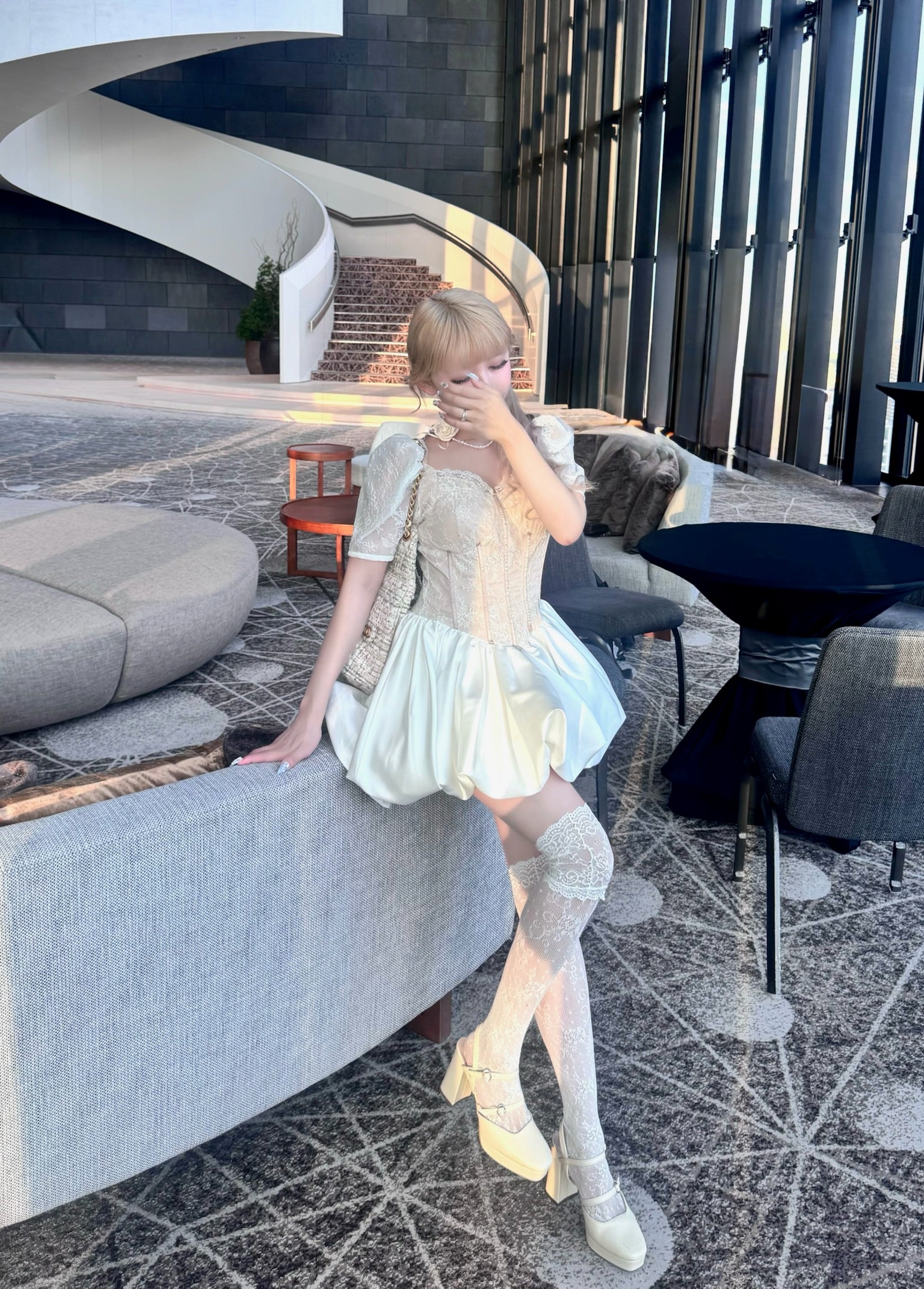 corset balloon lace satin dress(white)