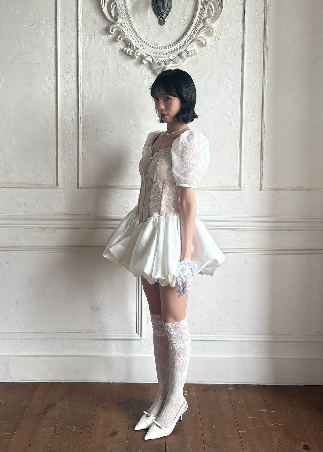 corset balloon lace satin dress(white)