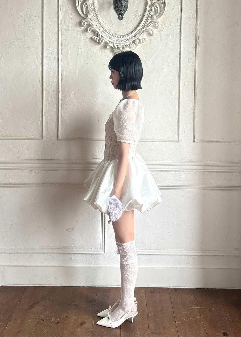 corset balloon lace satin dress(white)