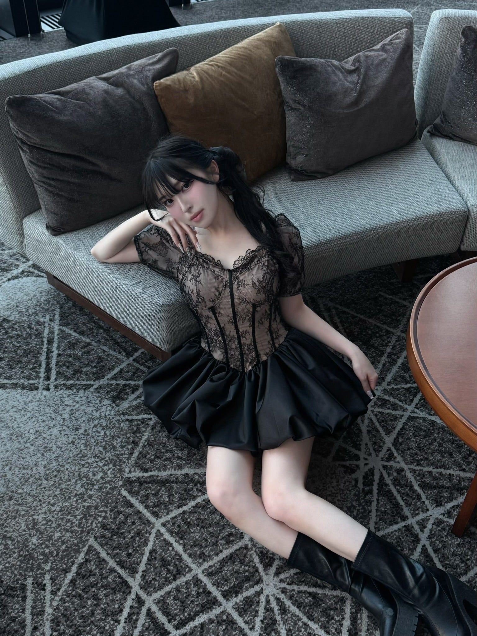 corset balloon lace satin dress (black)