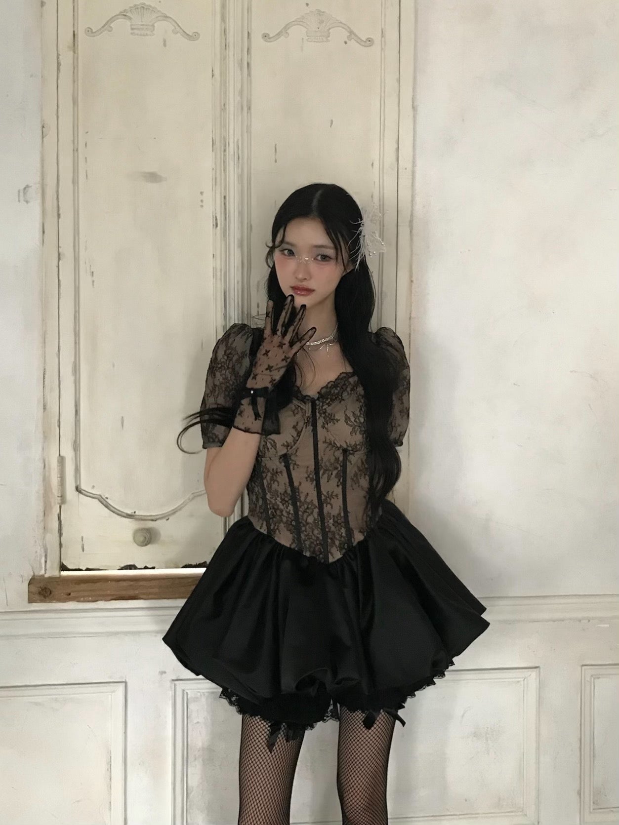 corset balloon lace satin dress (black)