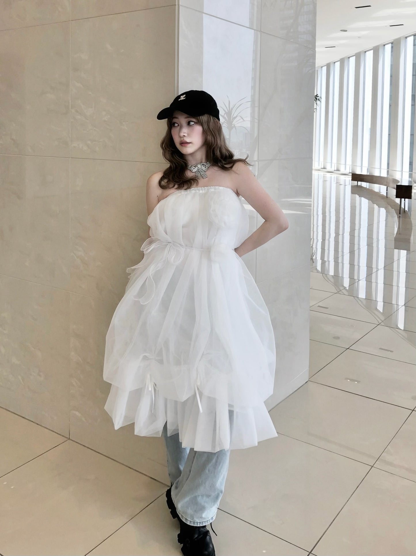 【Delivery within 2 weeks】Rose motif ribbon tulle skirt(long)