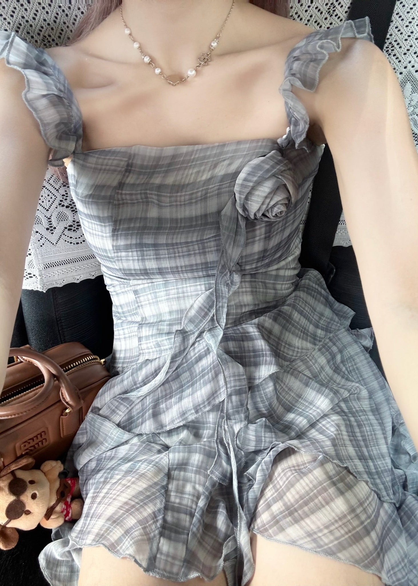 Rosy check frill dress
