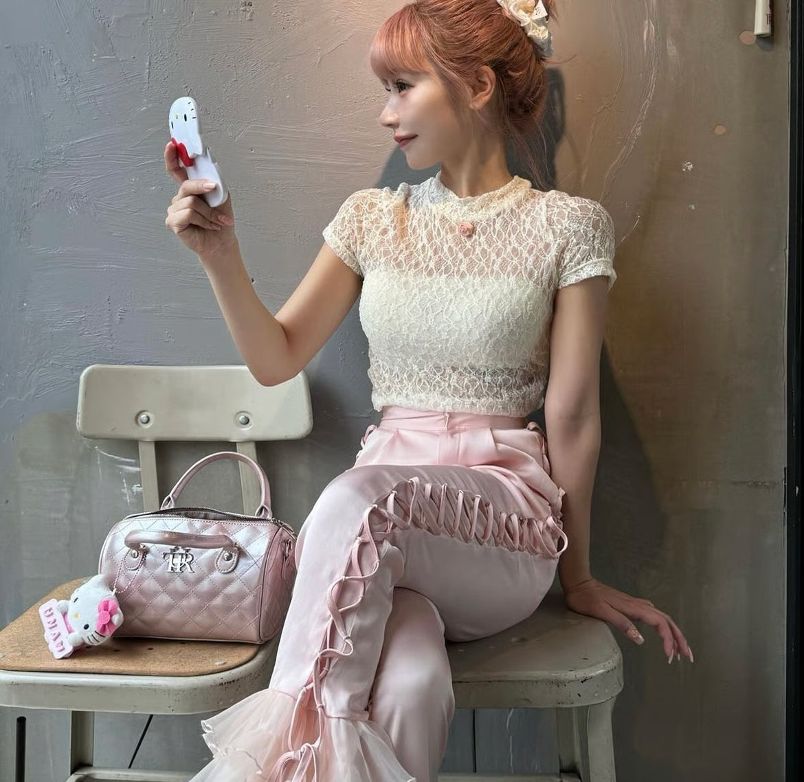 lace up frill pants (pink)