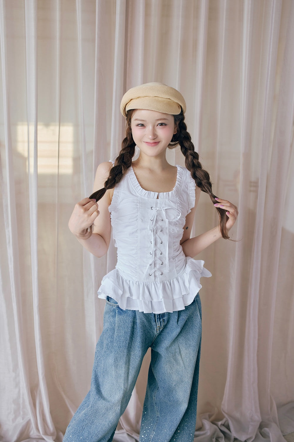 Cotton frill lace-up tops